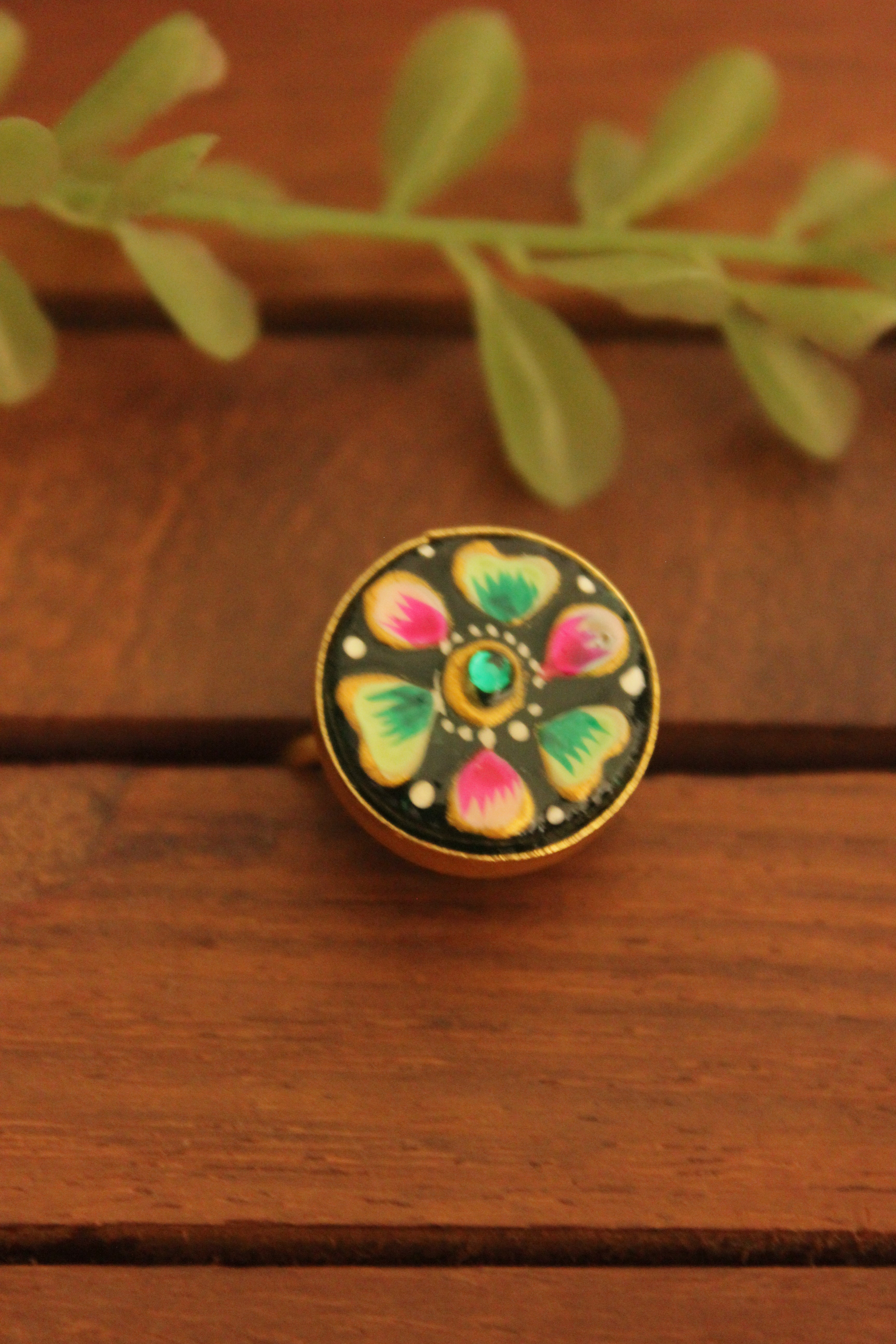 Enamel Hand Painted Flower Petals Black Gold Toned Handmade Brass Adjustable Circular Ring
