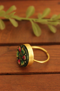 Enamel Hand Painted Flower Petals Black Gold Toned Handmade Brass Adjustable Circular Ring