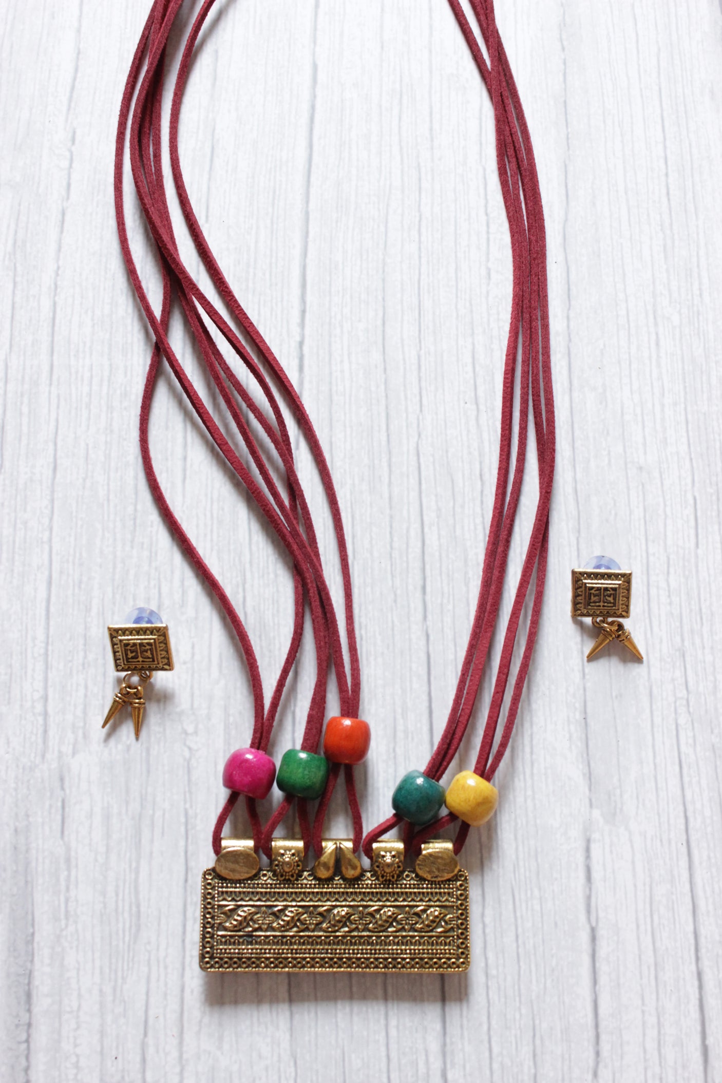 Antique Gold Finish Pendant Rope Closure Necklace Set with Multi-Color Wooden Beads