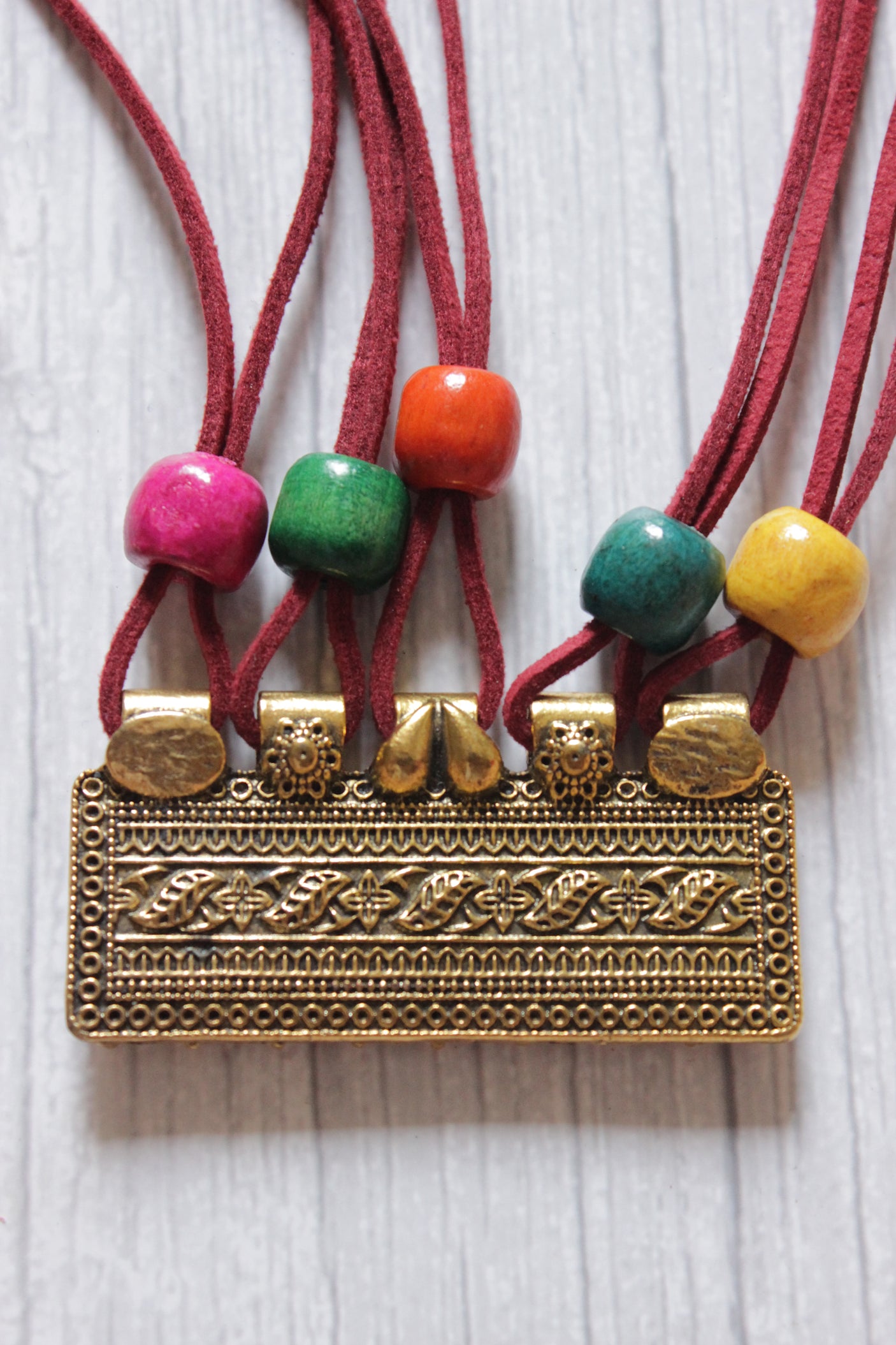 Antique Gold Finish Pendant Rope Closure Necklace Set with Multi-Color Wooden Beads