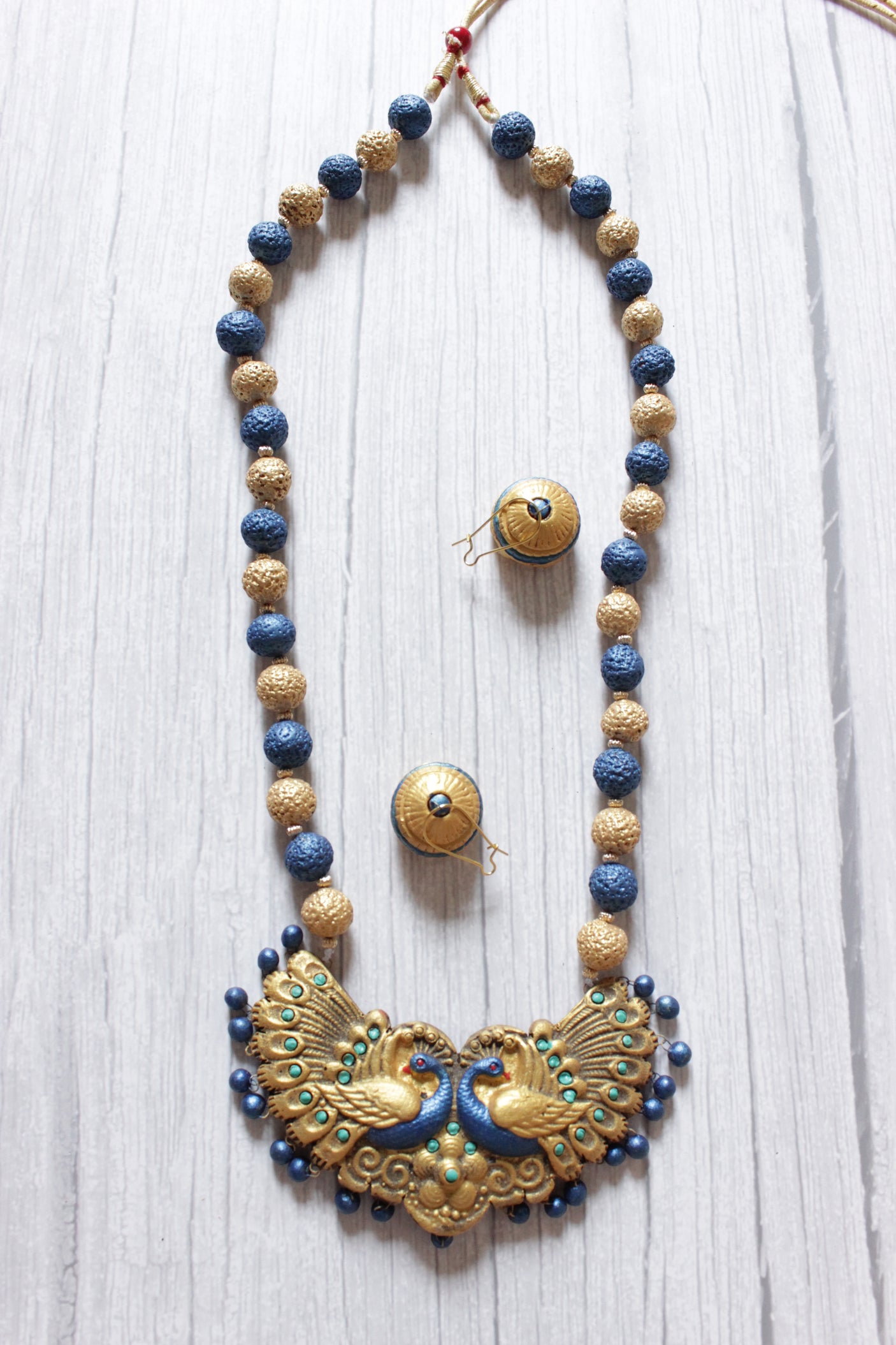 Handcrafted Peacock Motif Terracotta Clay Necklace Set