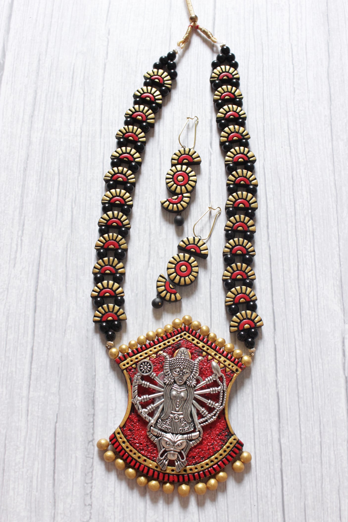 Religious Motif Handcrafted Long Festive Terracotta Clay Necklace Set