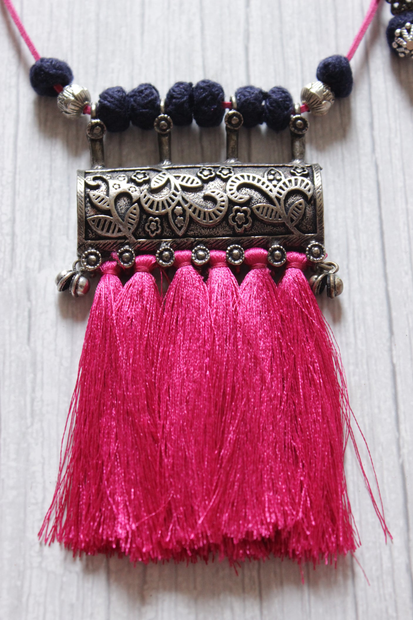 Silver Finish Handcrafted Statement Pendant Rope Closure Necklace Set with Pom Pom Hangings