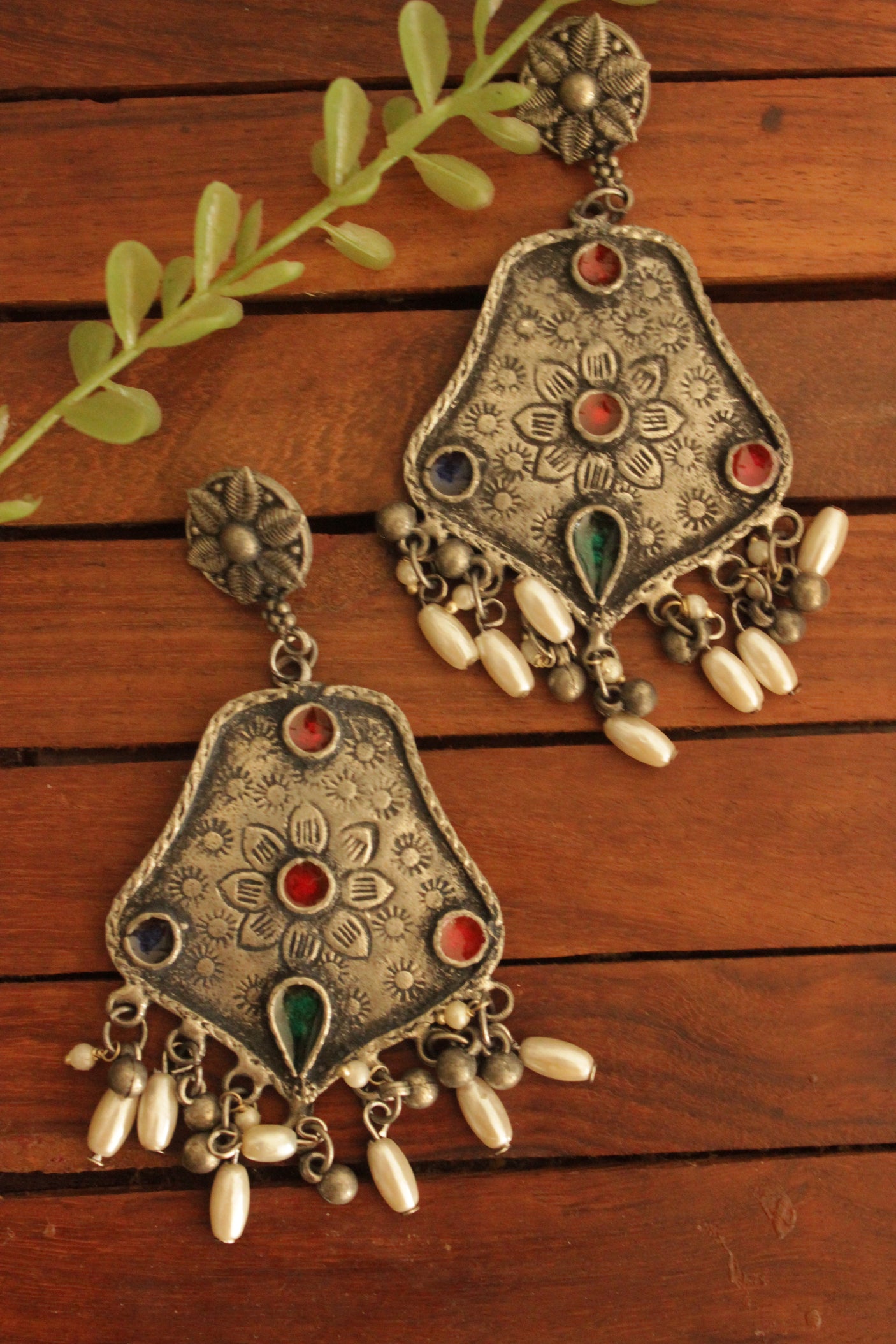 Oxidised Silver Finish Abstract Shape Dangler Earrings