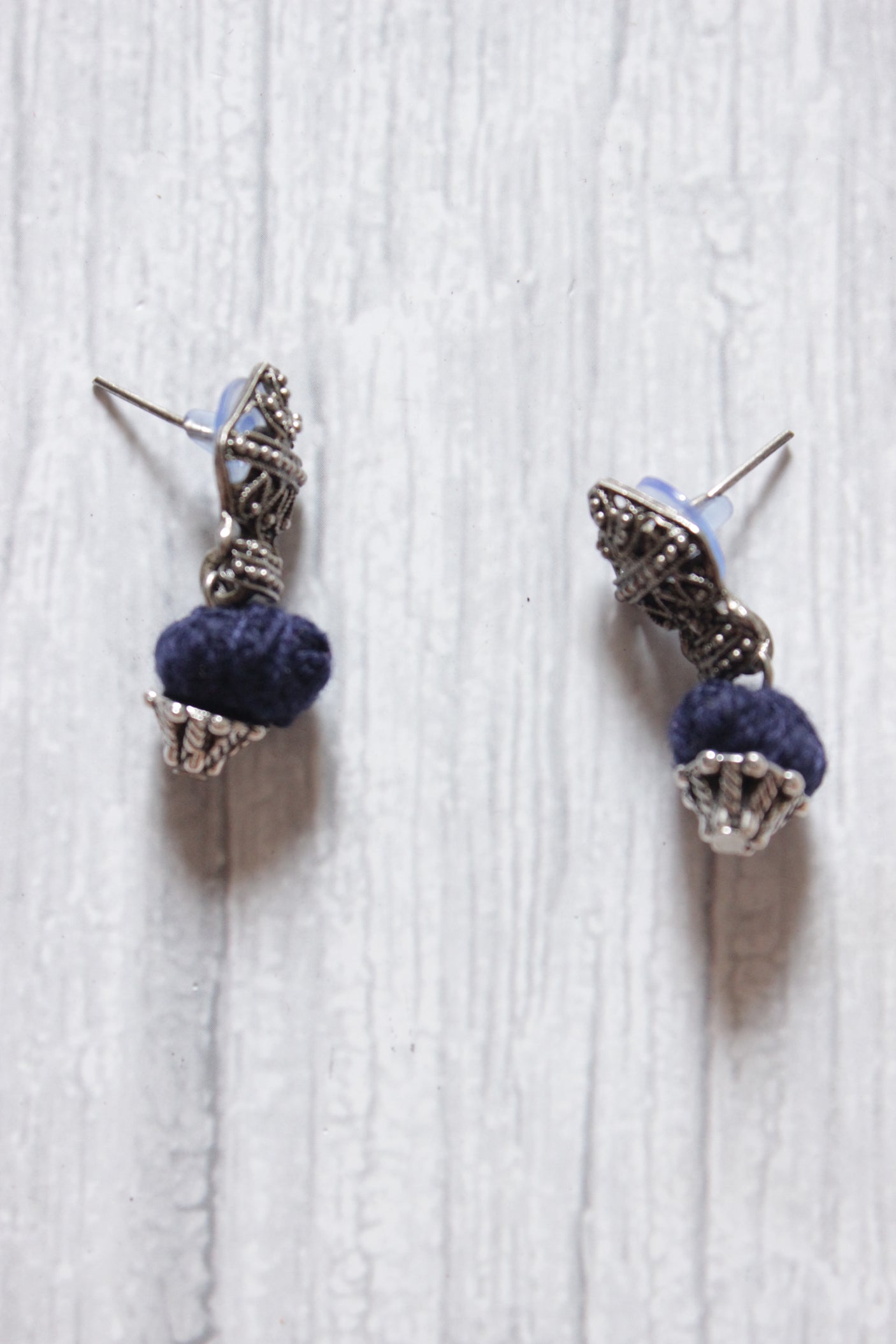 Silver Finish Handcrafted Statement Pendant Rope Closure Necklace Set with Pom Pom Hangings