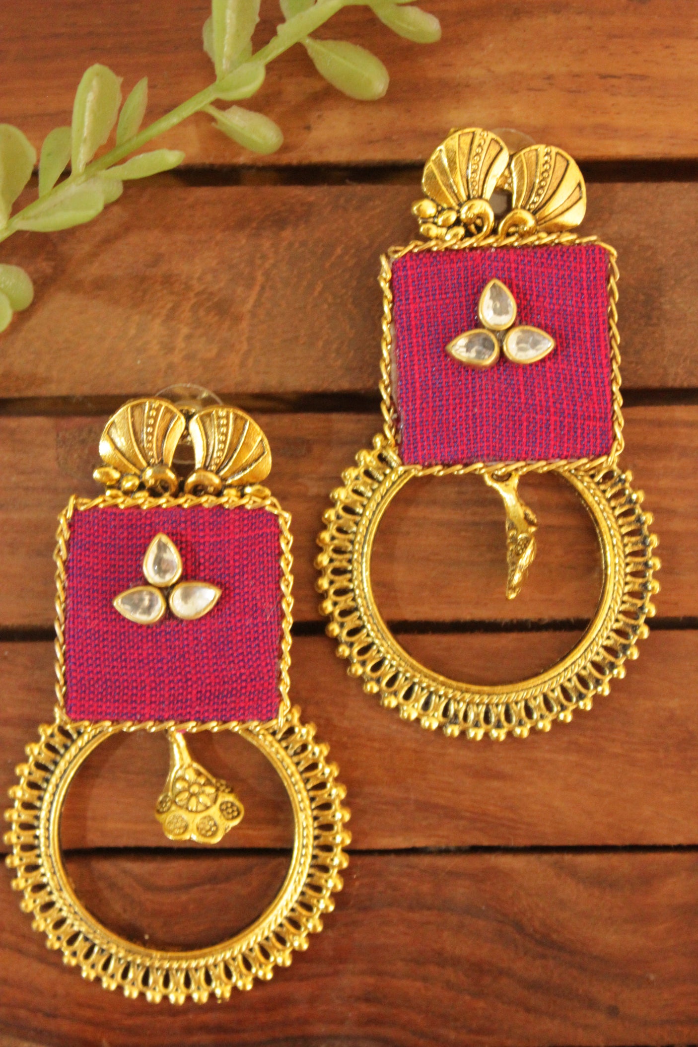 Fabric and Metal Gold Finish Circular Hoop Earrings