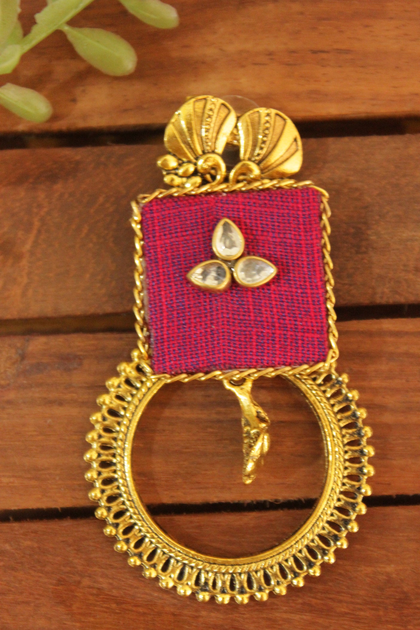 Fabric and Metal Gold Finish Circular Hoop Earrings