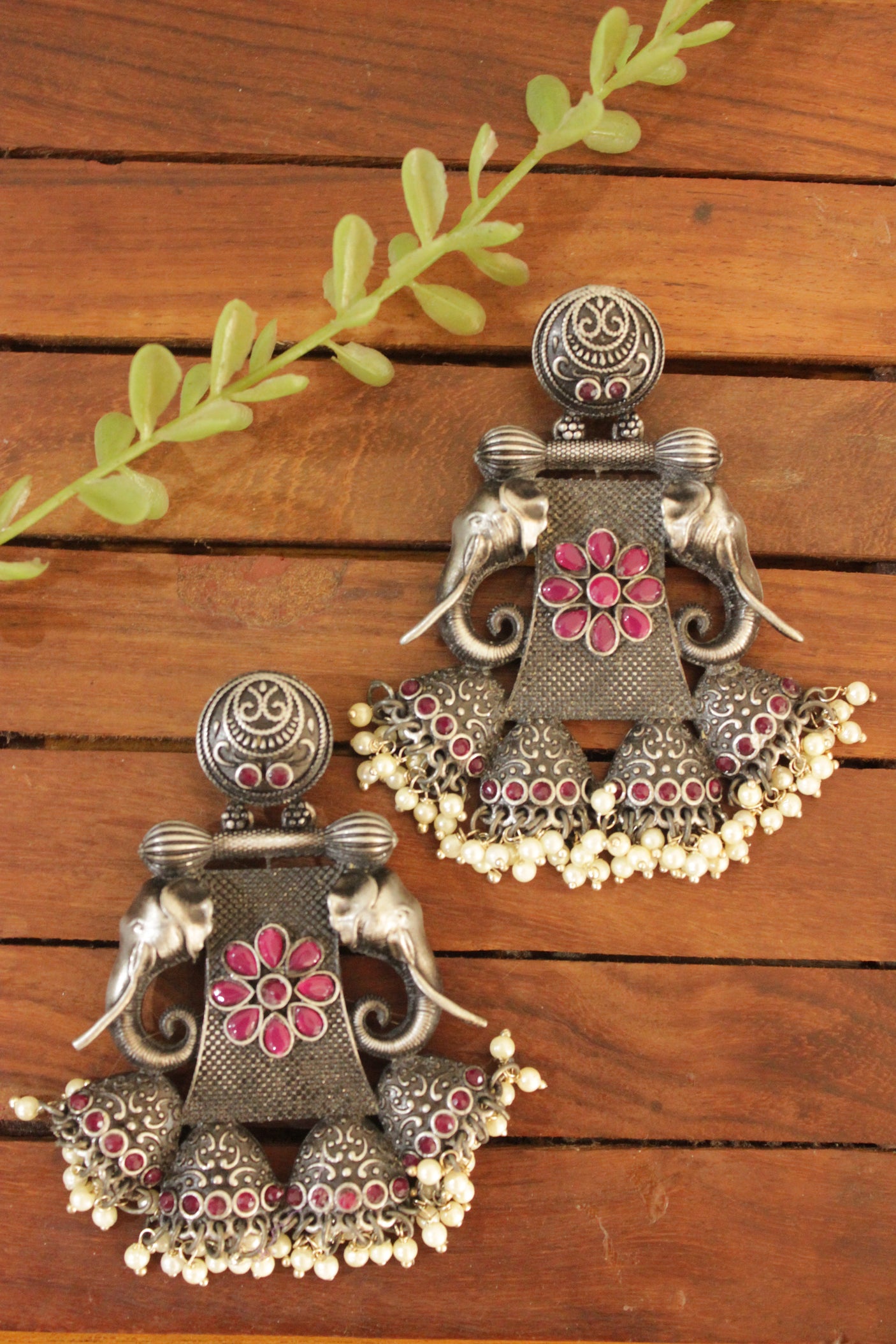 Pink Stones Embellished Oxidised Finish Elephant Motif Elaborate Statement Earrings