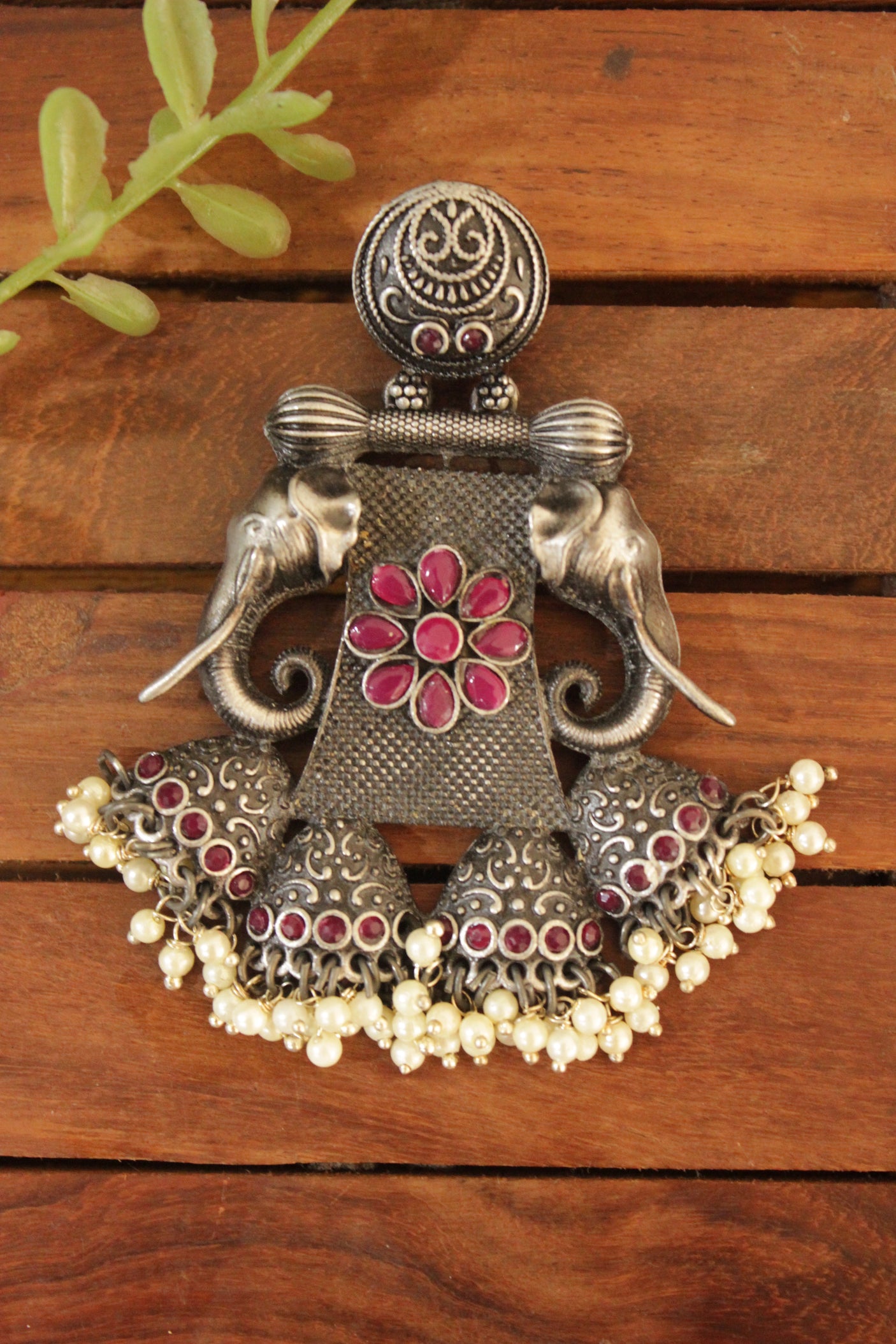 Pink Stones Embellished Oxidised Finish Elephant Motif Elaborate Statement Earrings