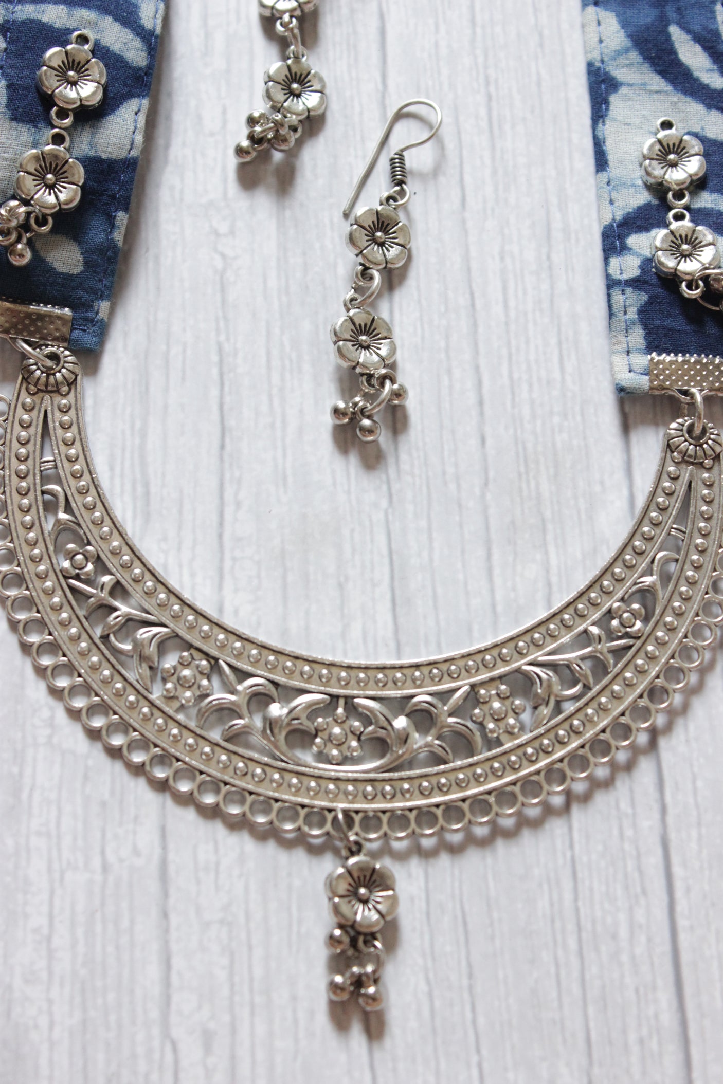 Crescent Moon Shaped Statement Pendant Collar Necklace with Indigo Fabric