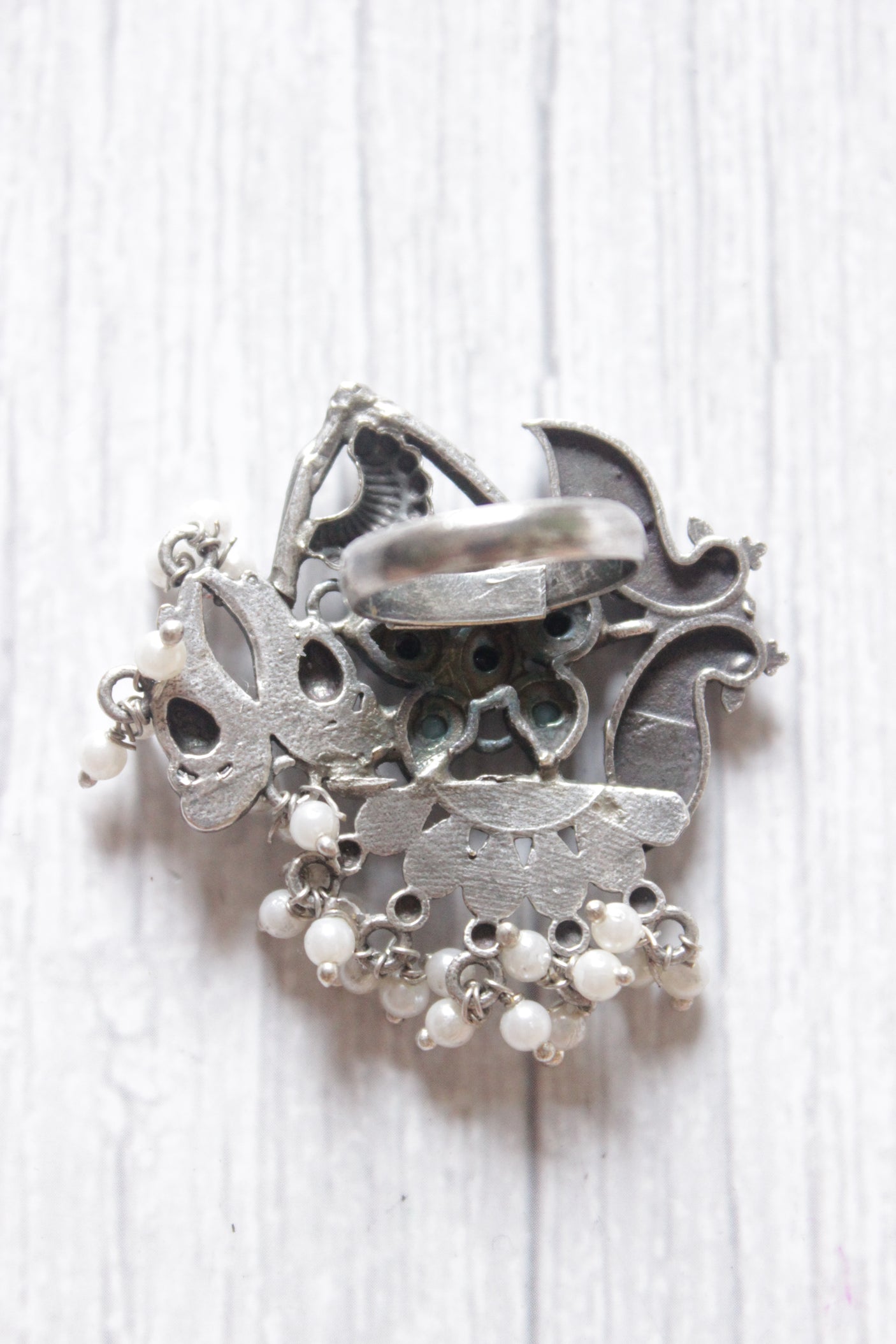 Peacock Motif Oxidised Silver Finish Statement Adjustable Cocktail Ring