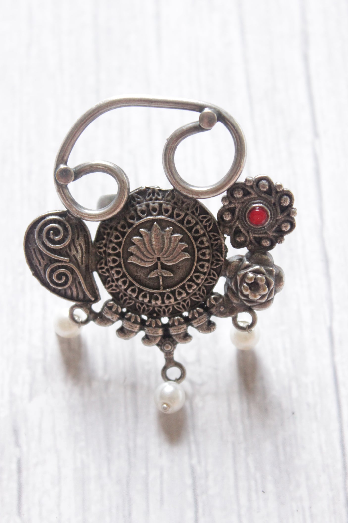 Lotus Motif Oxidised Silver Finish Statement Adjustable Cocktail Ring