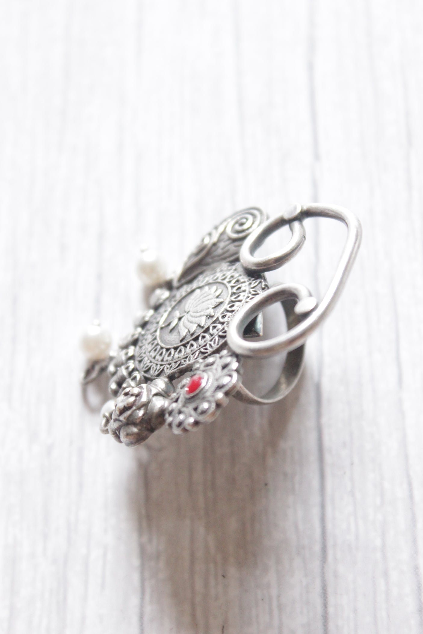 Lotus Motif Oxidised Silver Finish Statement Adjustable Cocktail Ring