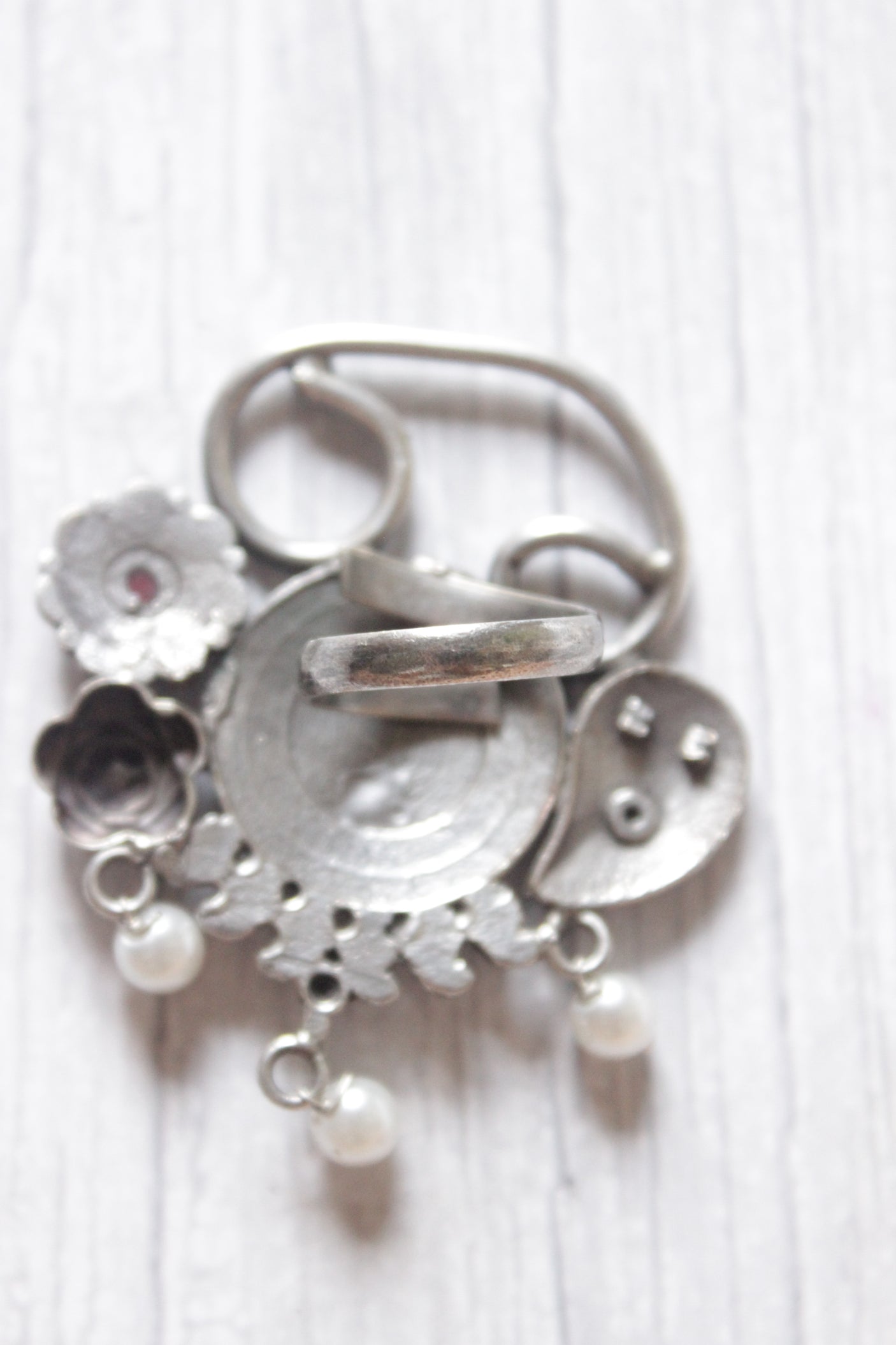 Lotus Motif Oxidised Silver Finish Statement Adjustable Cocktail Ring