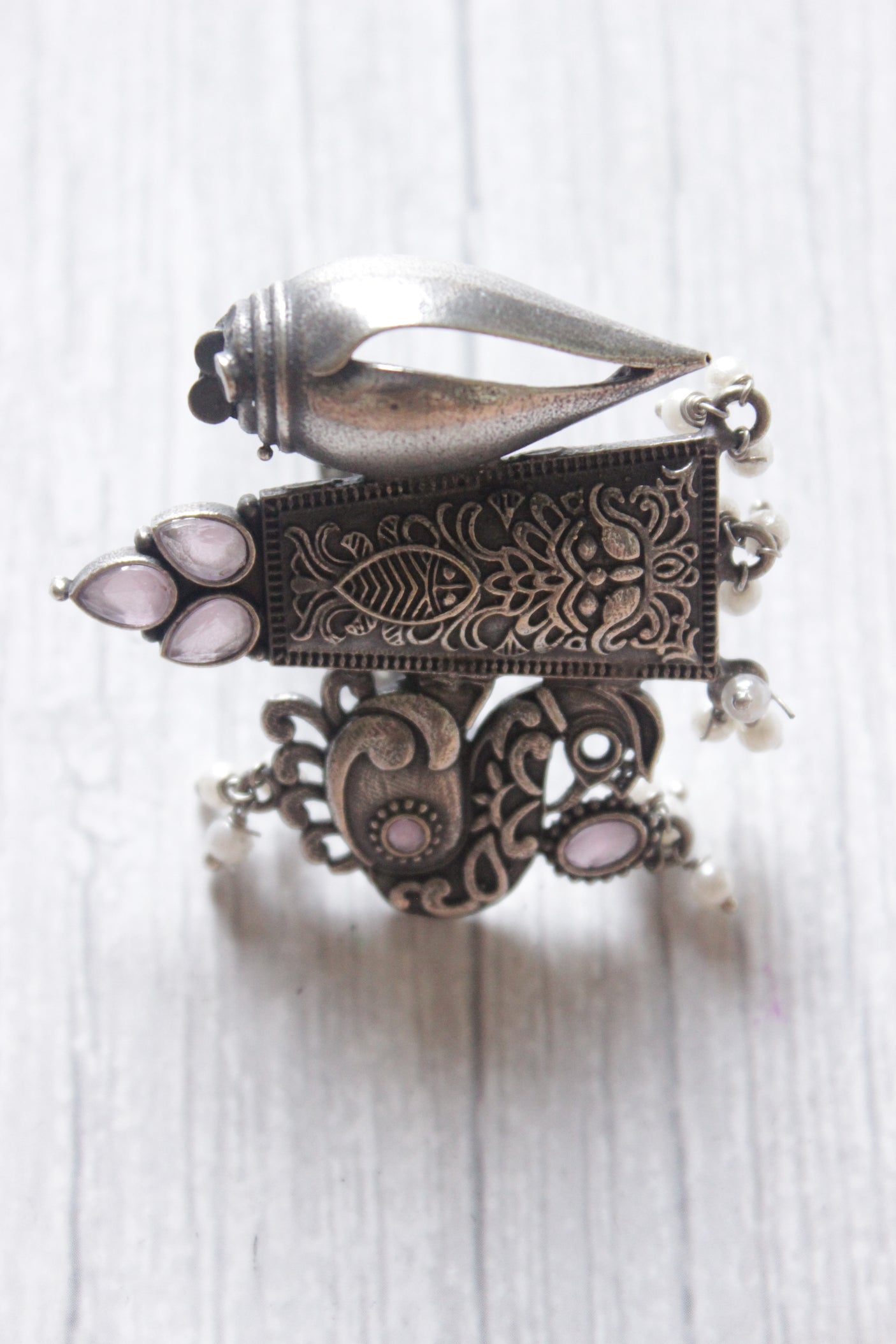 Conch and Flower Motifs Oxidised Silver Finish Statement Adjustable Cocktail Ring