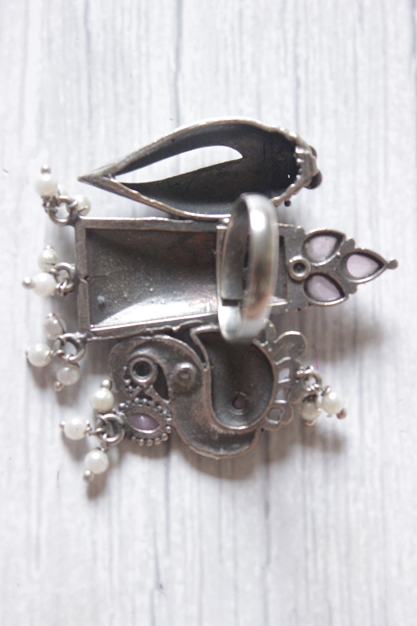 Conch and Flower Motifs Oxidised Silver Finish Statement Adjustable Cocktail Ring