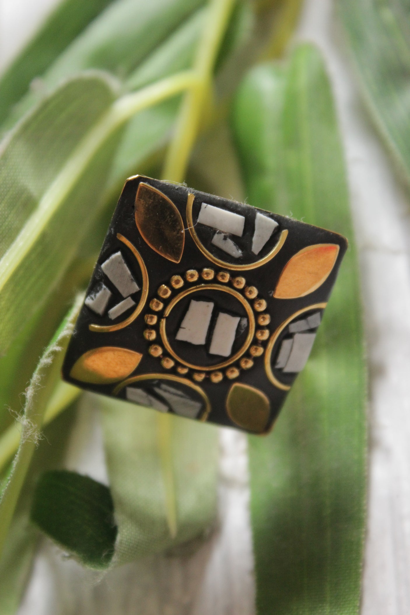 Black Square Tibetan Ring with Gold Detailing