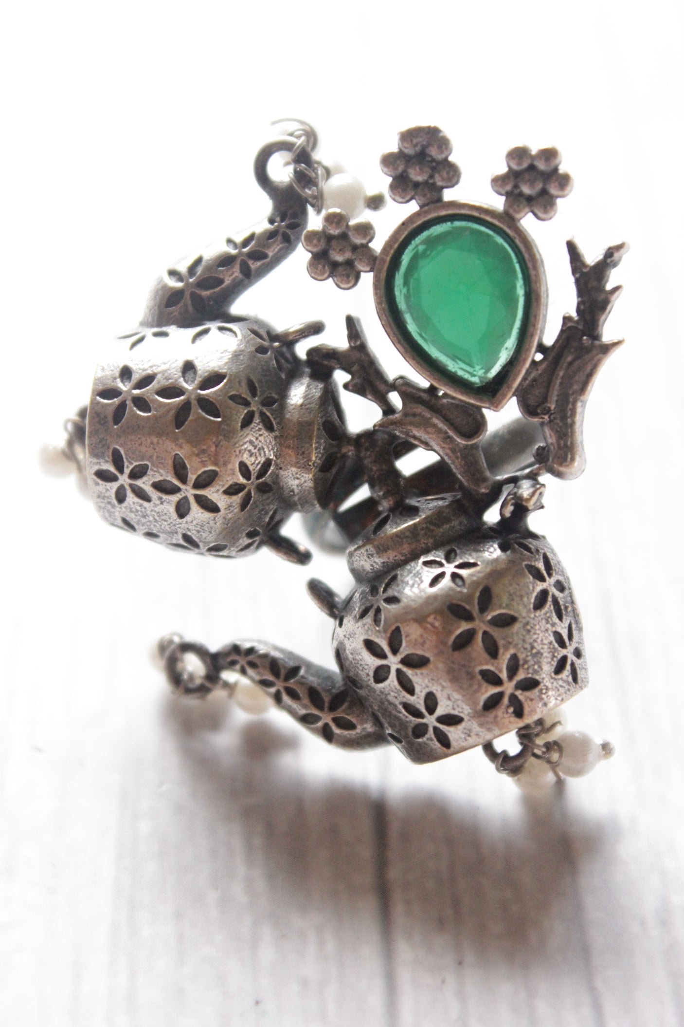 Tea Kettle Oxidised Silver Finish Statement Adjustable Cocktail Ring