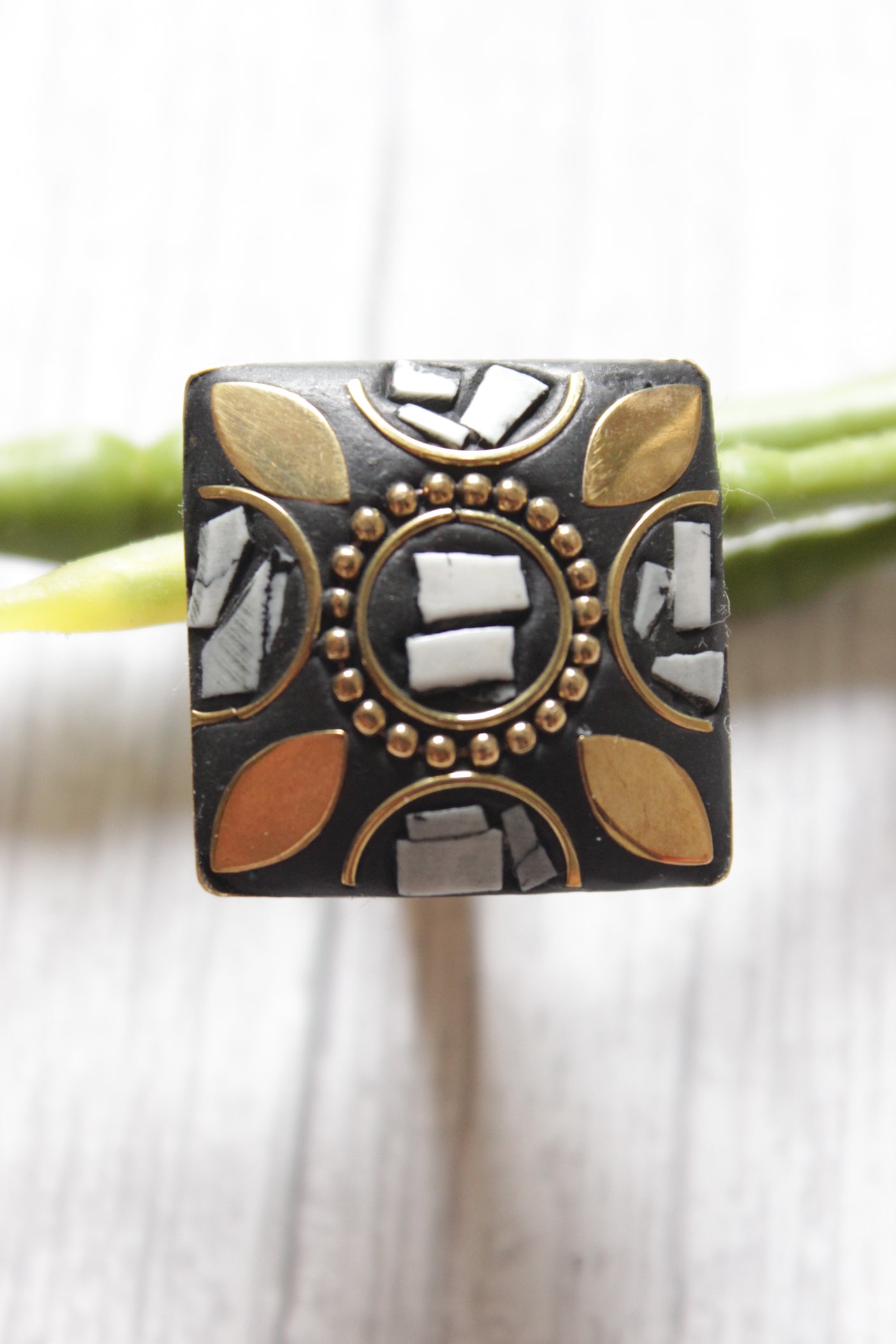 Black Square Tibetan Ring with Gold Detailing