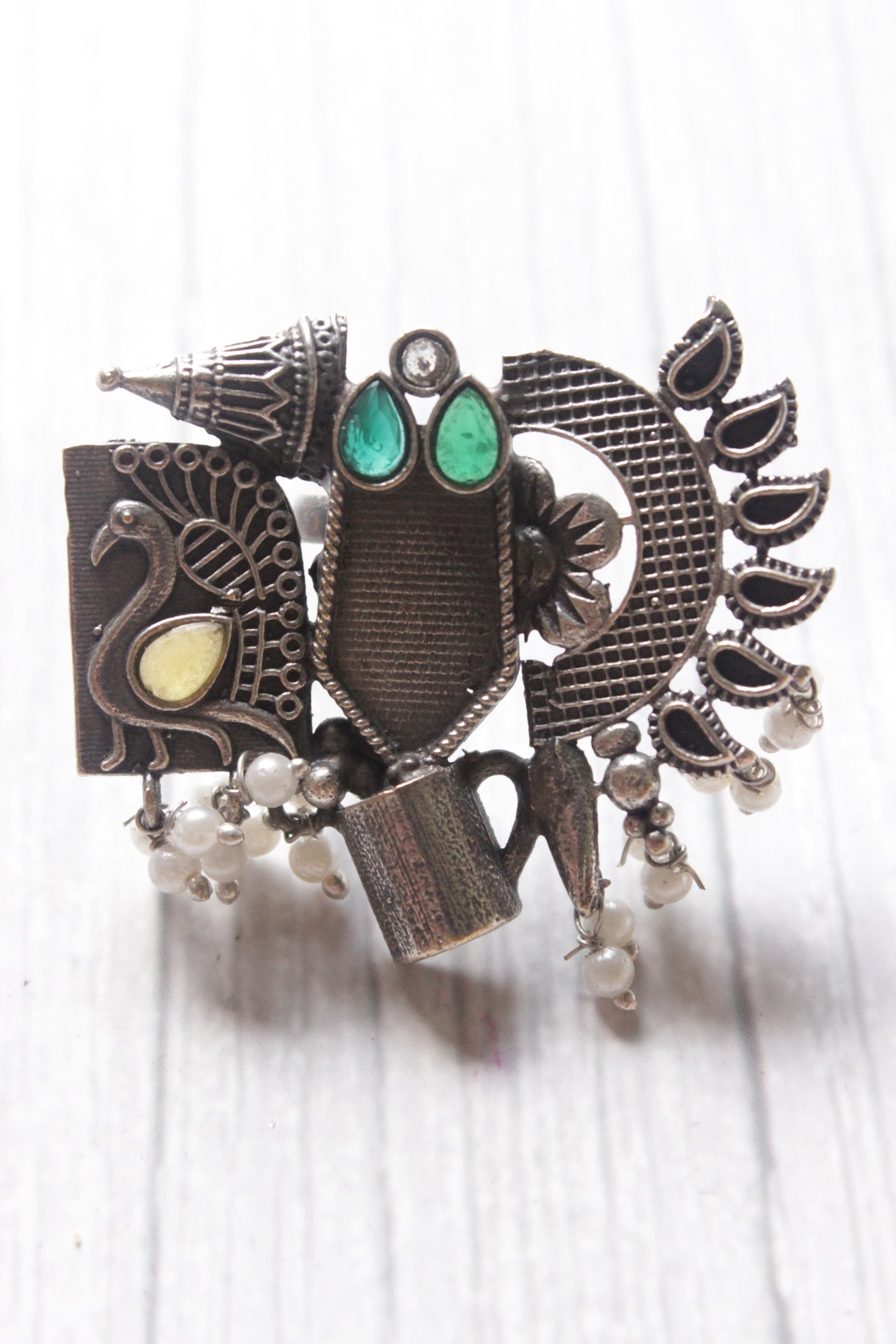 Peacock and Abstract Motifs Oxidised Silver Finish Statement Adjustable Cocktail Ring