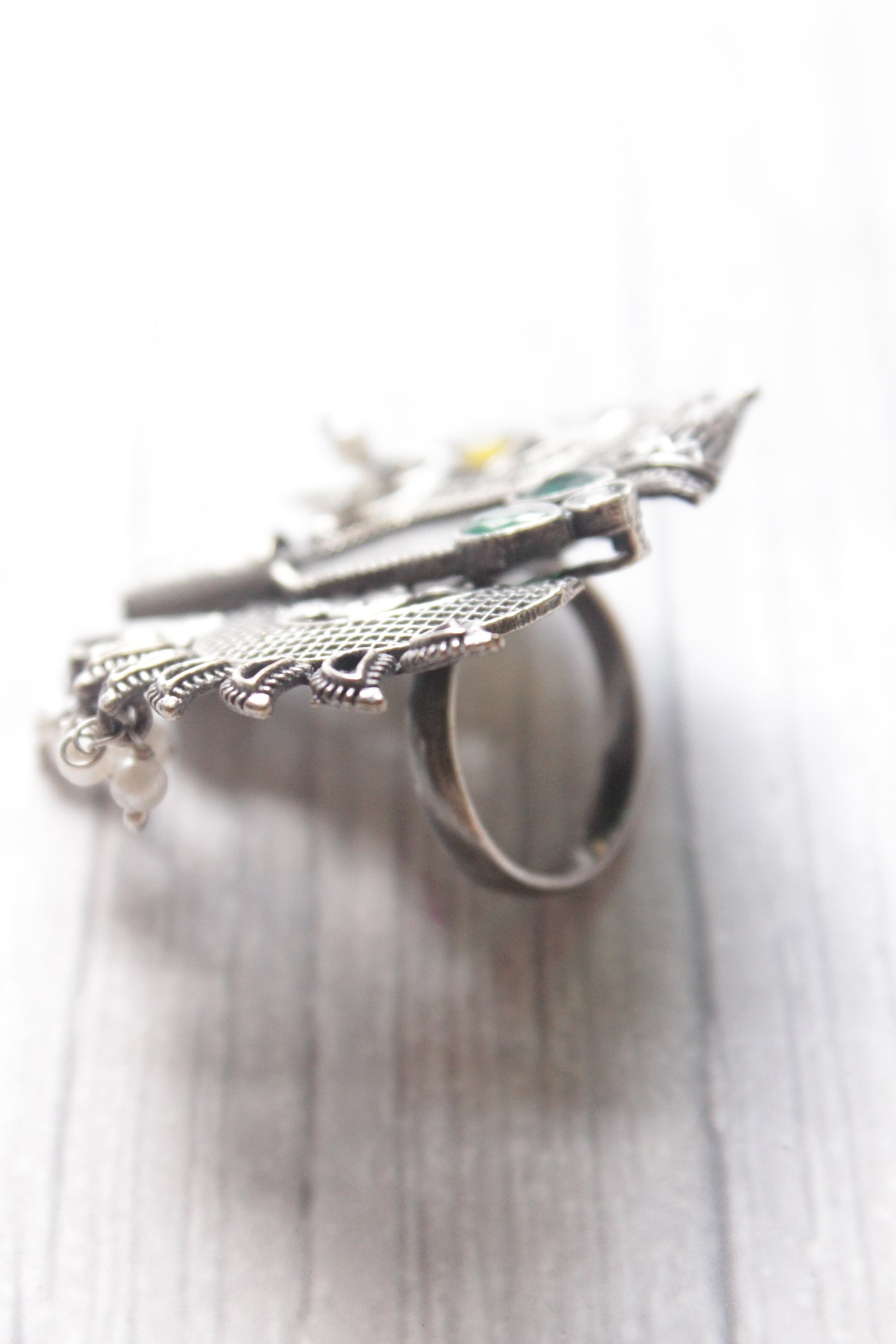 Peacock and Abstract Motifs Oxidised Silver Finish Statement Adjustable Cocktail Ring