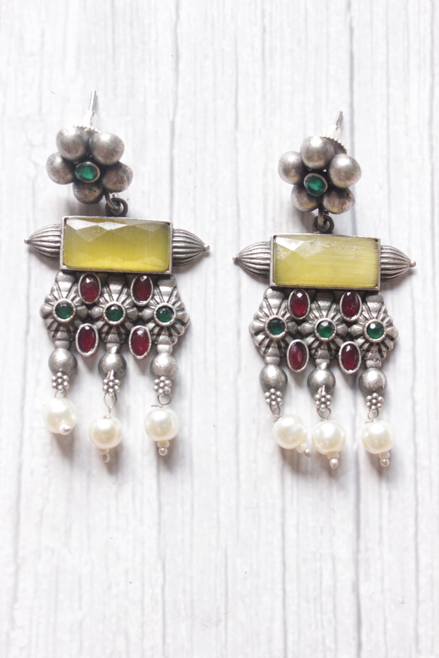 Lemon Yellow Monalisa Center Stone Metal Dangler Earrings