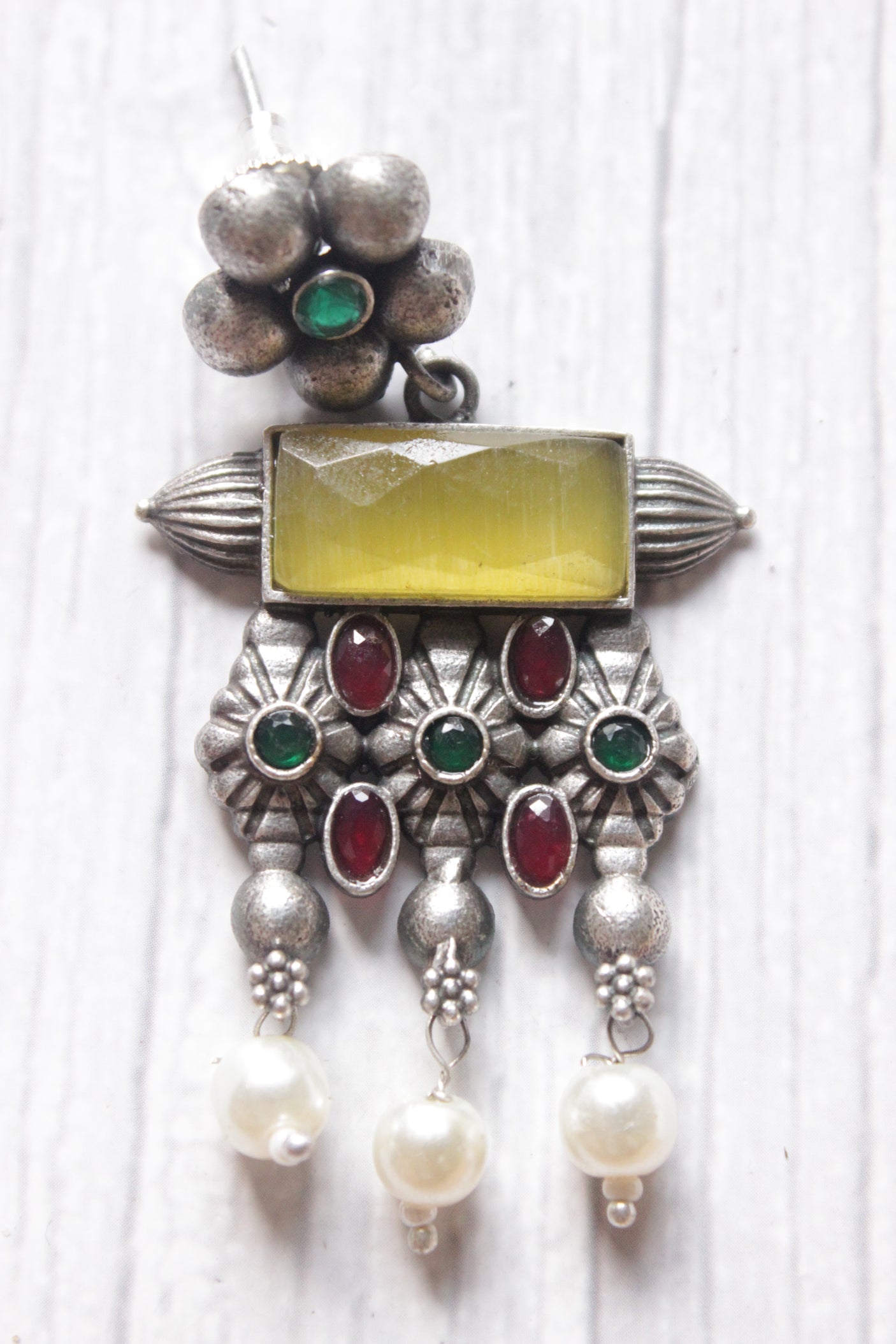 Lemon Yellow Monalisa Center Stone Metal Dangler Earrings