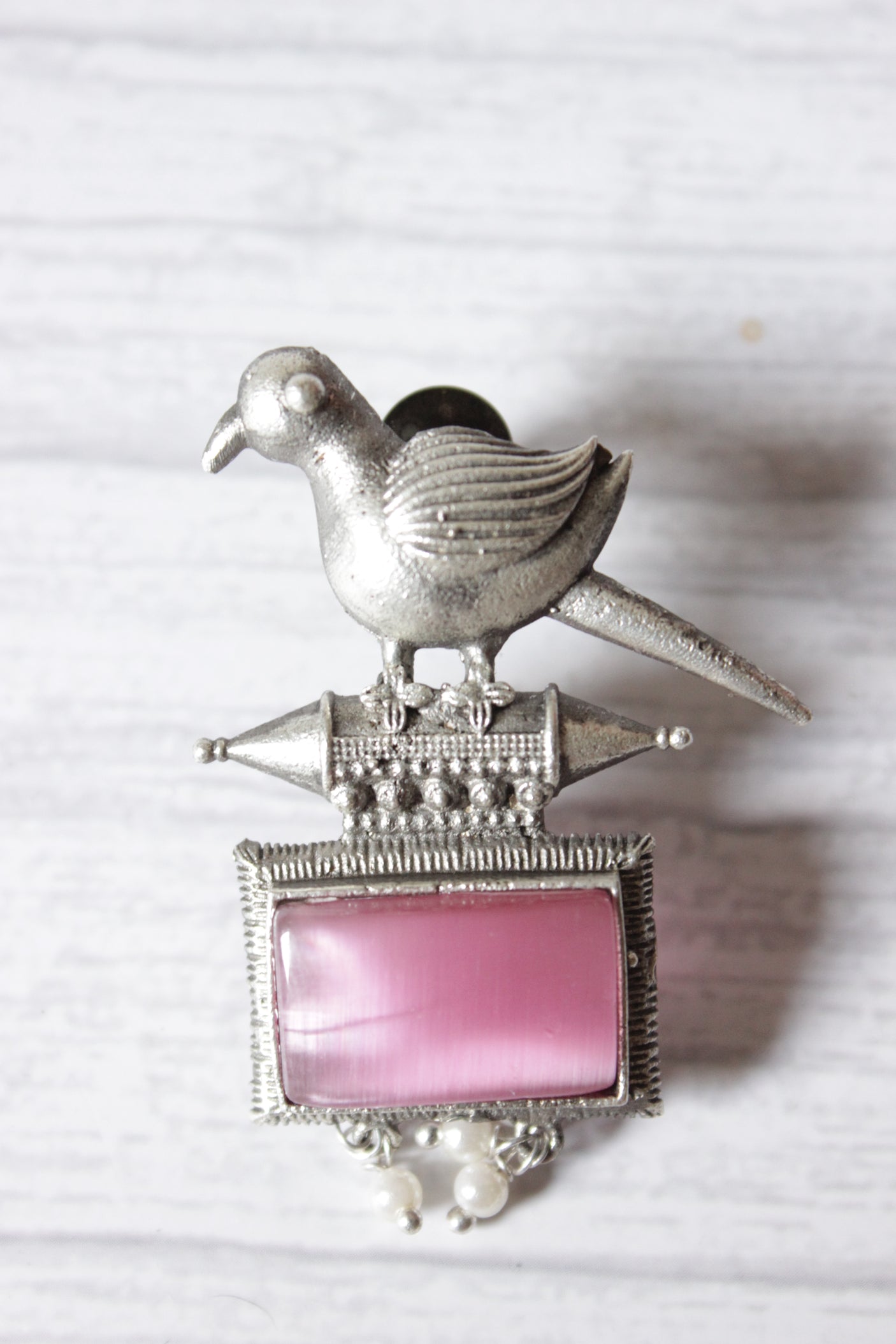 Peacock Motif Pink Glass Stone Embedded Silver Finish Brass Dangler Earrings