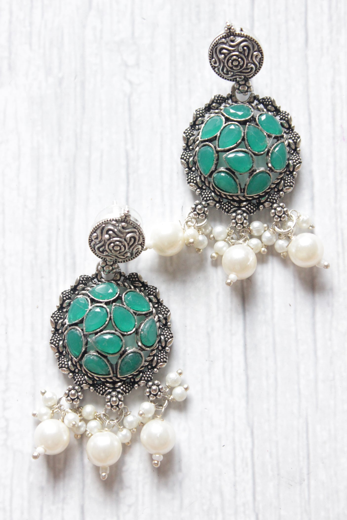 Sea Green Tear Drop Shaped Stones Embedded Oxidised Finish Dangler Earrings