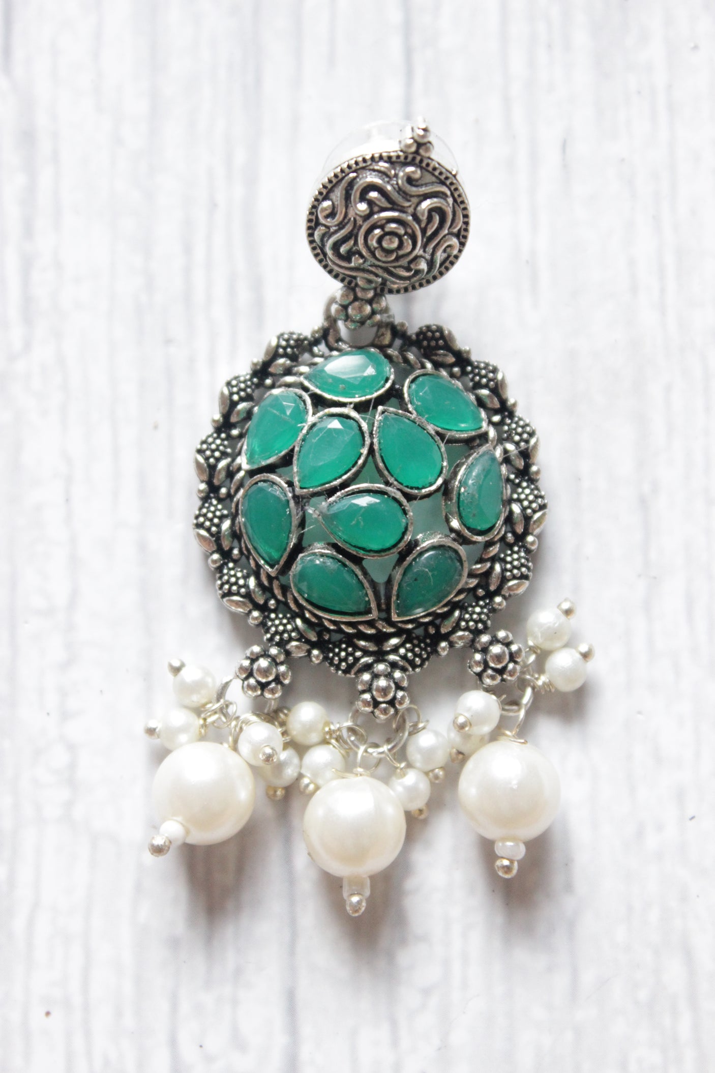 Sea Green Tear Drop Shaped Stones Embedded Oxidised Finish Dangler Earrings