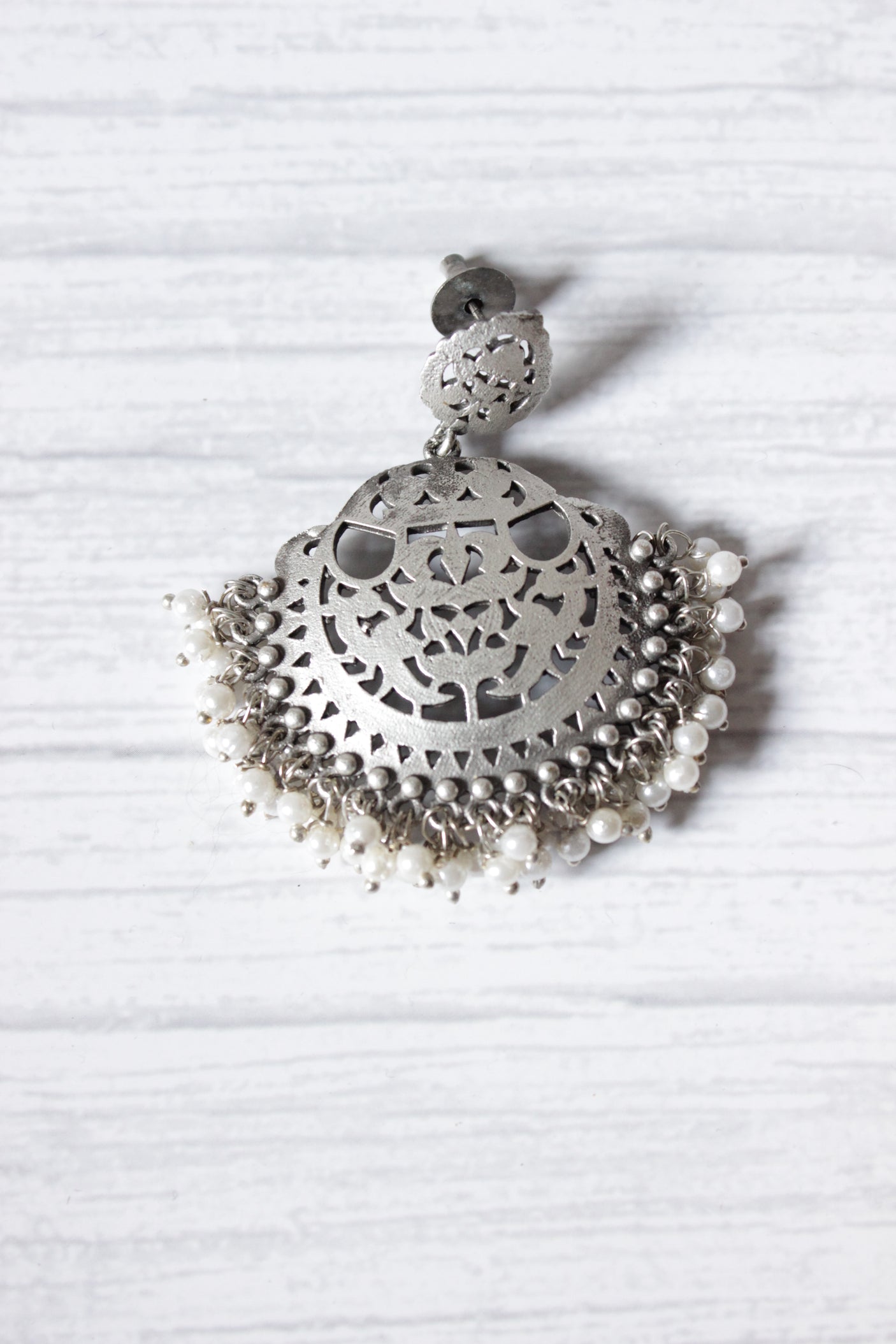 Jaali Pattern Silver Finish Brass Dangler Earrings Accentuated with White Beads