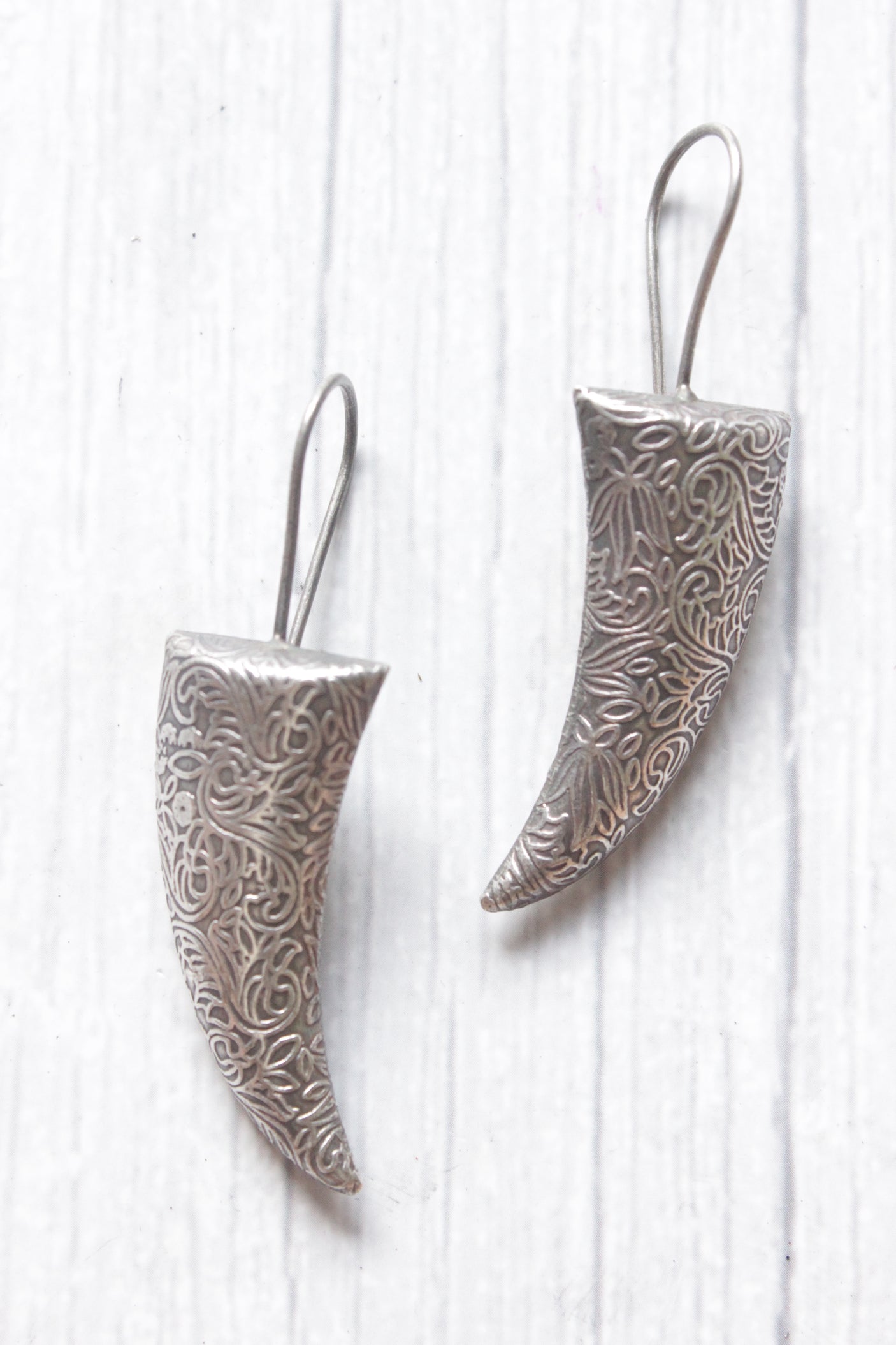 Intricately Detailed Sword Shaped Oxidised Metal Earrings