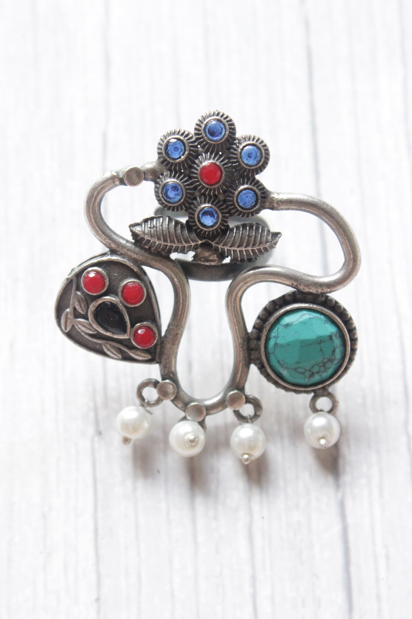 Turquoise Stone Abstract Motifs Oxidised Silver Finish Statement Adjustable Cocktail Ring