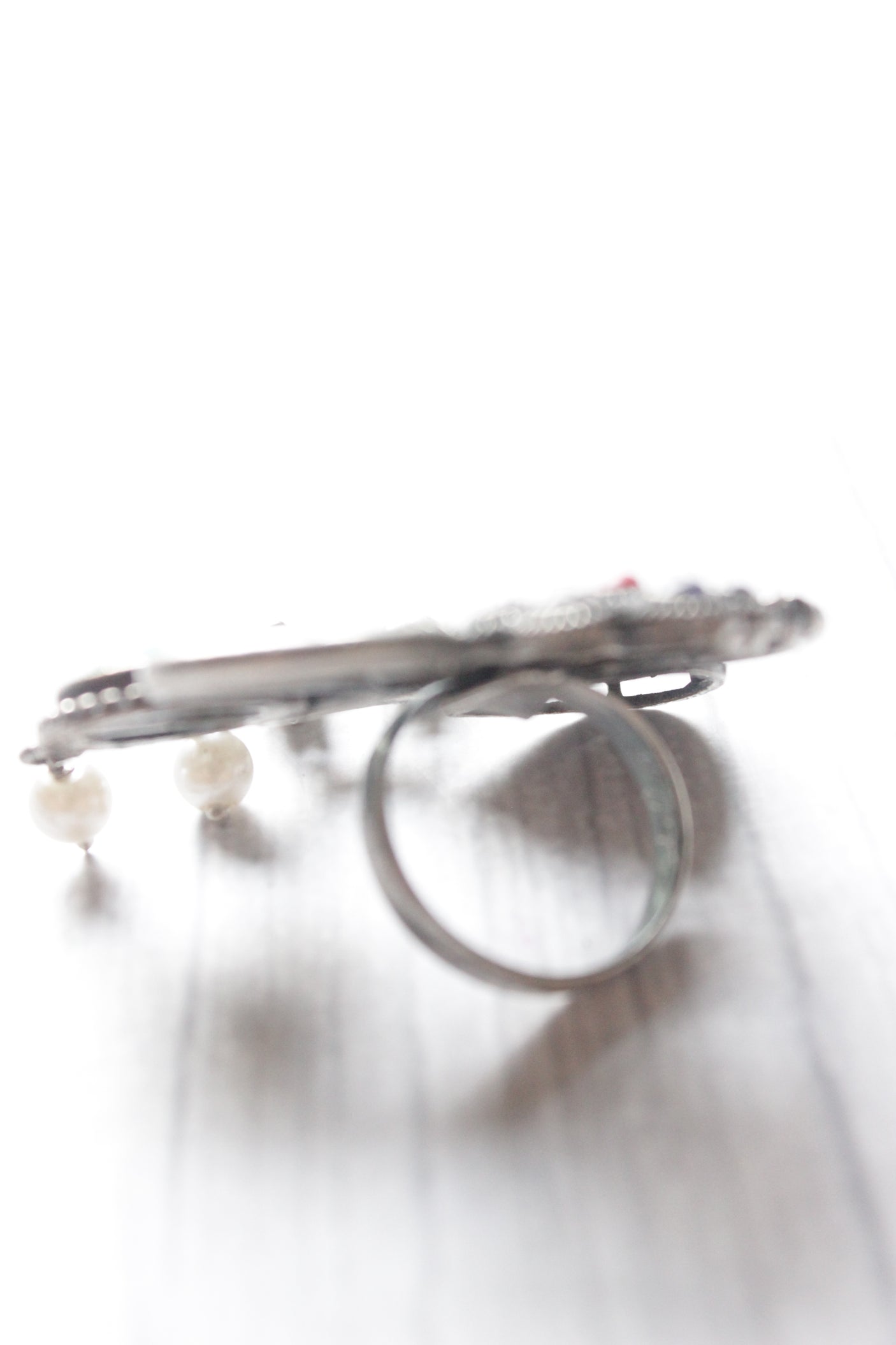 Turquoise Stone Abstract Motifs Oxidised Silver Finish Statement Adjustable Cocktail Ring