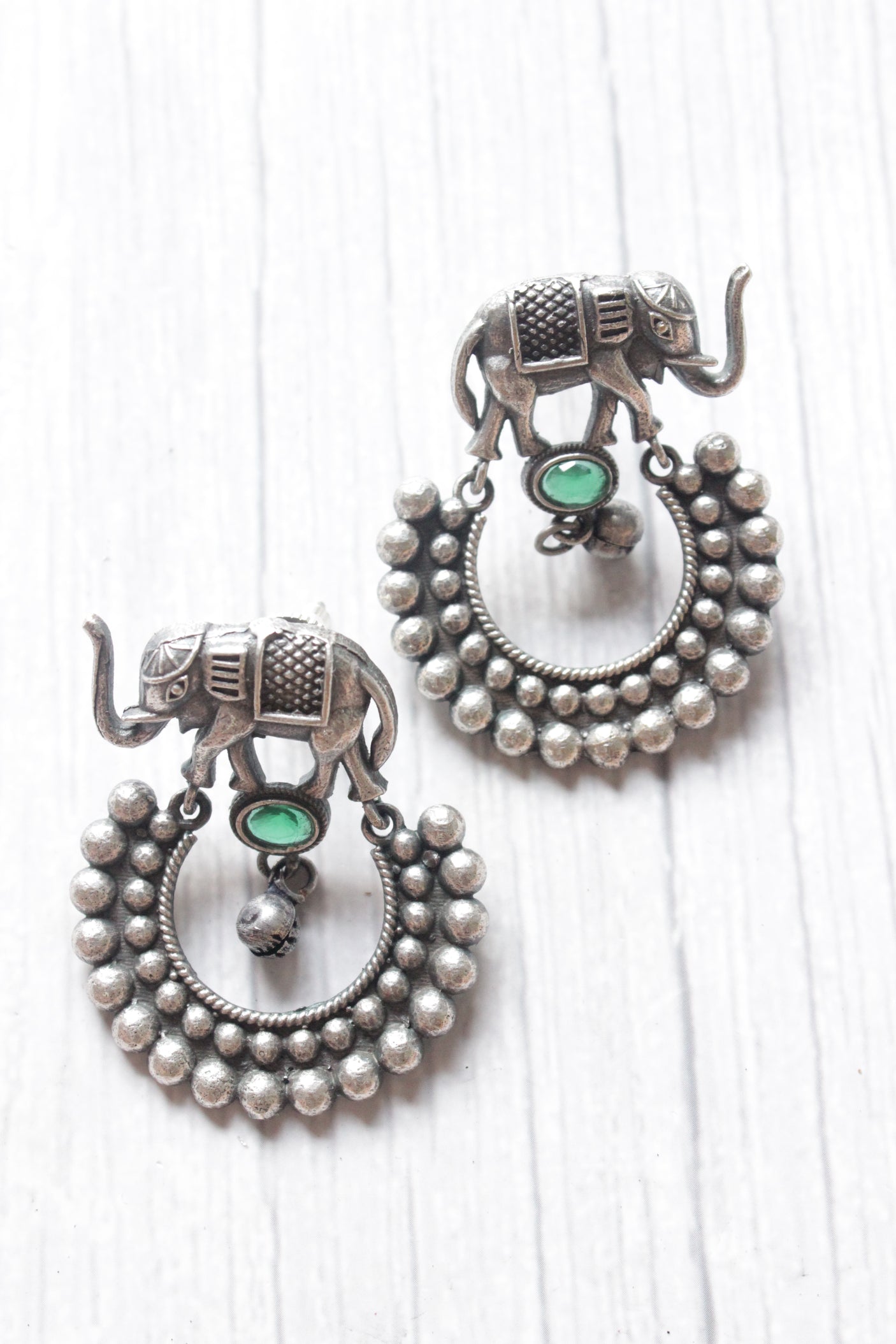Elephant Motif Oxidised Finish Circular Hoop Stud Earrings
