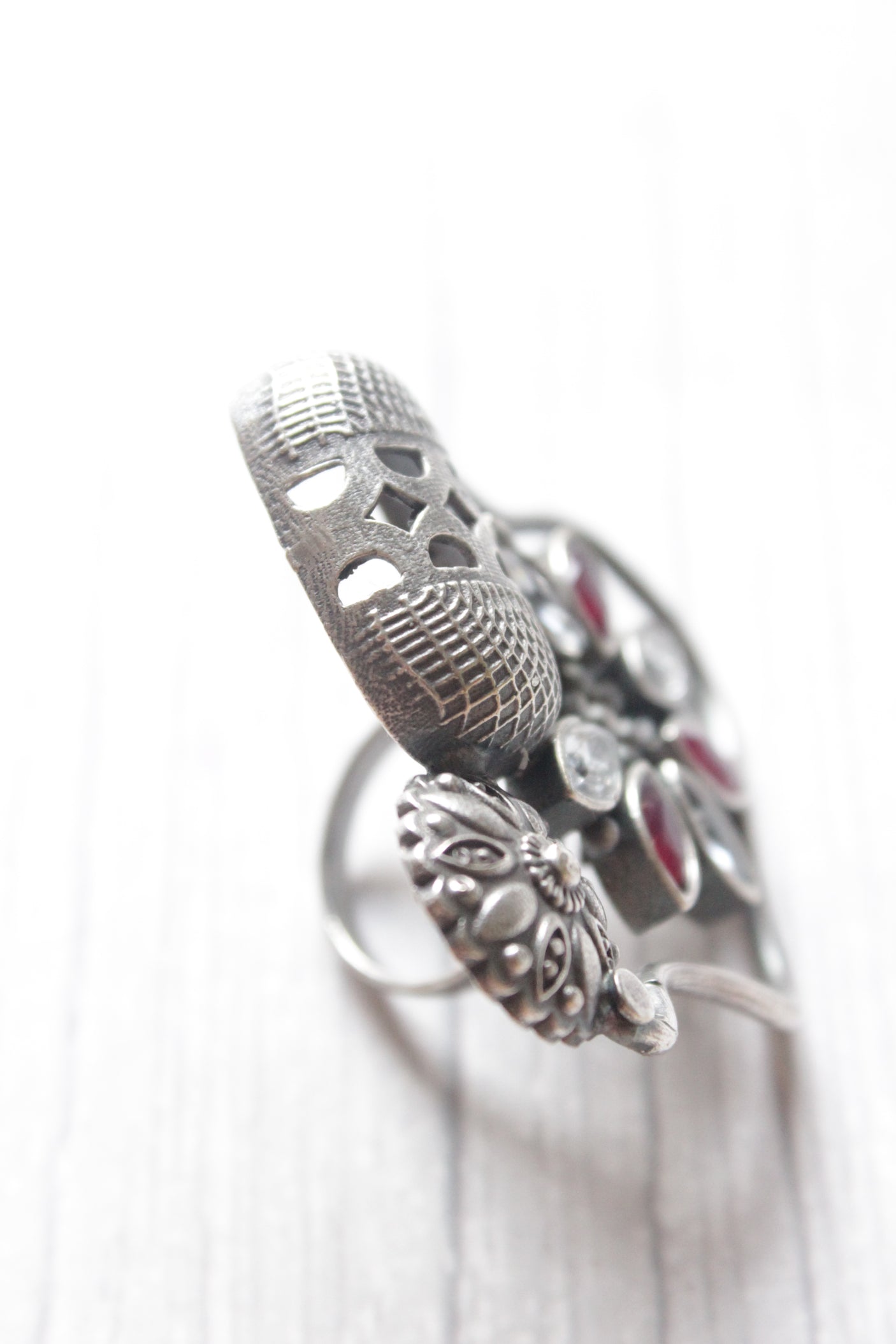 Flower Motifs Oxidised Silver Finish Statement Adjustable Cocktail Ring