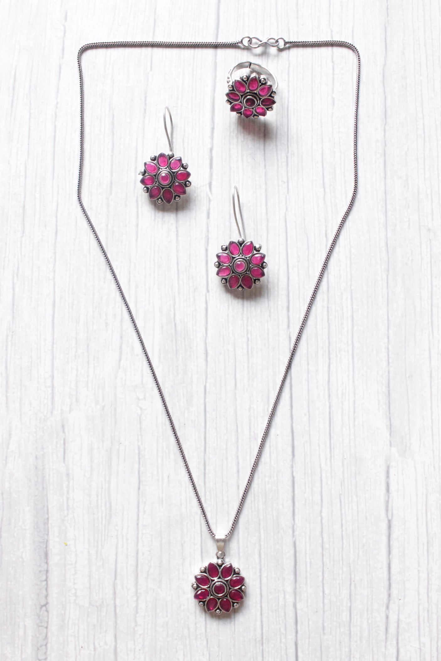 Pink Stones Embedded Flower Motifs Necklace with Stud Earrings