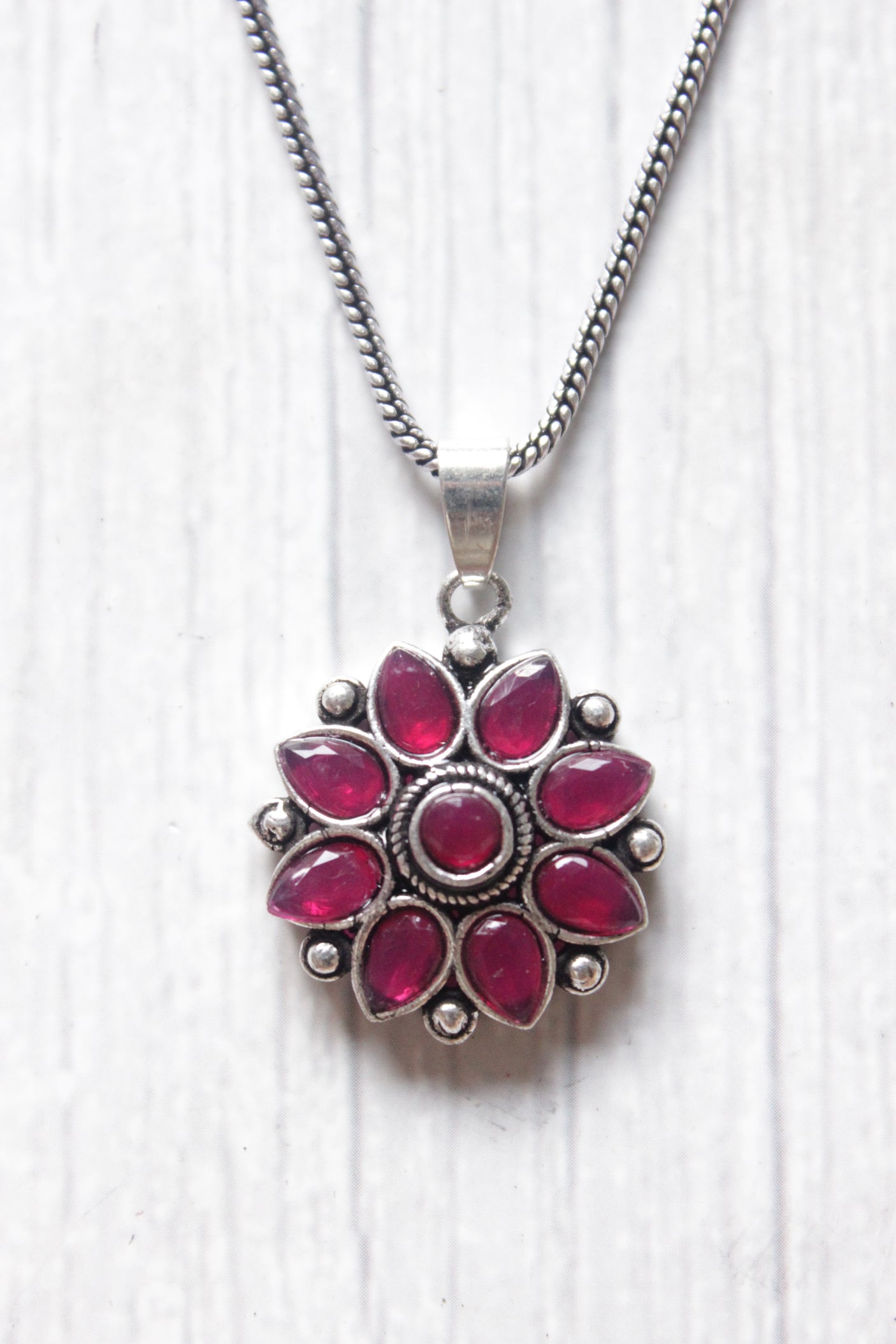 Pink Stones Embedded Flower Motifs Necklace with Stud Earrings