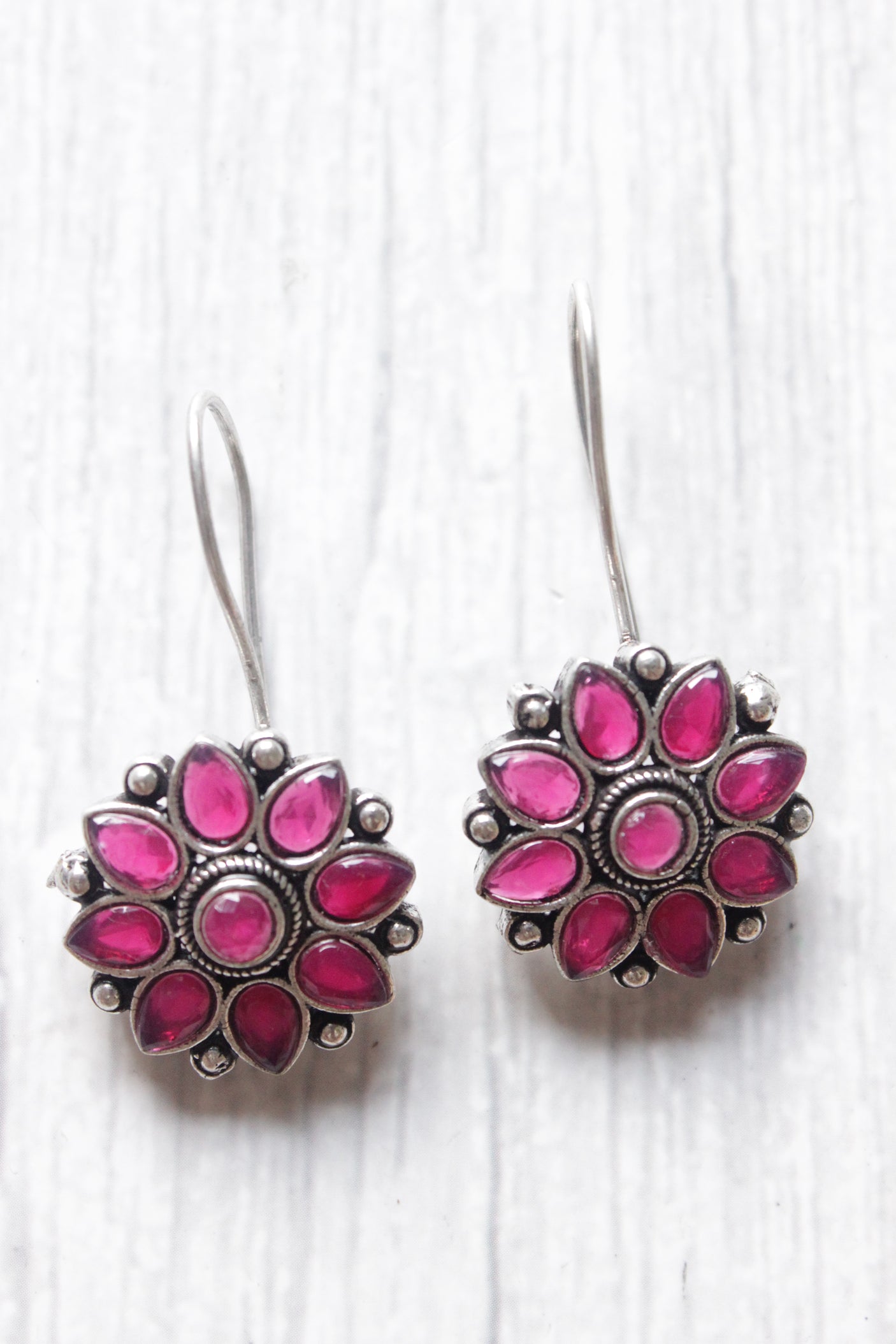 Pink Stones Embedded Flower Motifs Necklace with Stud Earrings