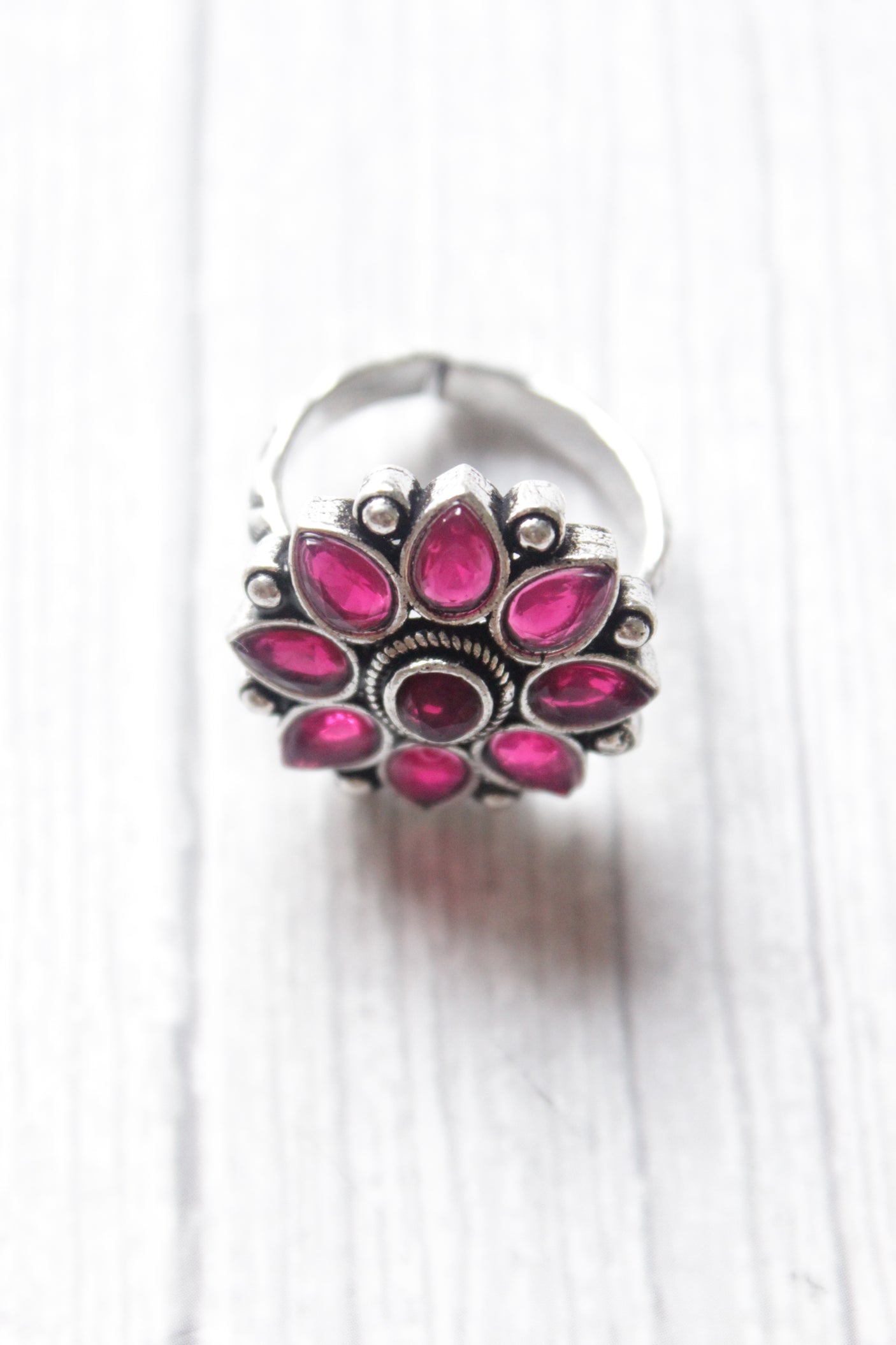 Pink Stones Embedded Flower Motifs Necklace with Stud Earrings