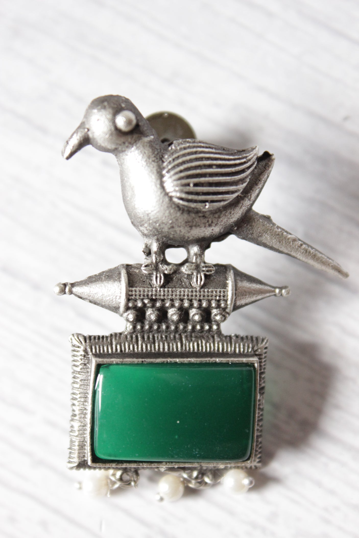 Peacock Motif Bottle Green Glass Stone Embedded Silver Finish Brass Dangler Earrings