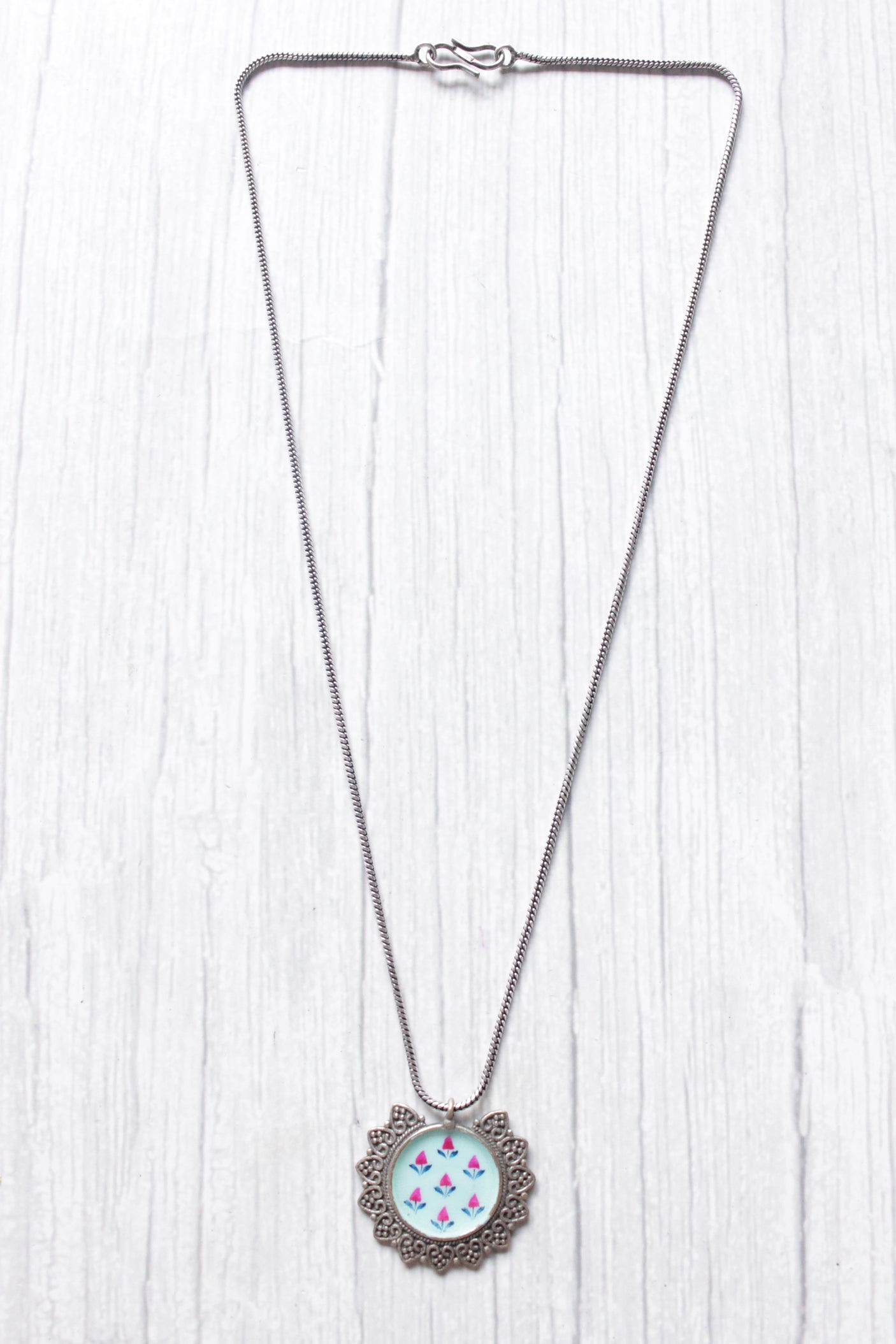 Hand Painted Flowers Petite Pendant Long Silver Chain Necklace