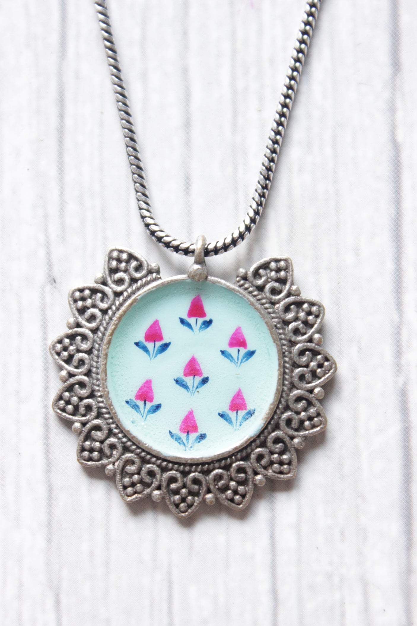 Hand Painted Flowers Petite Pendant Long Silver Chain Necklace