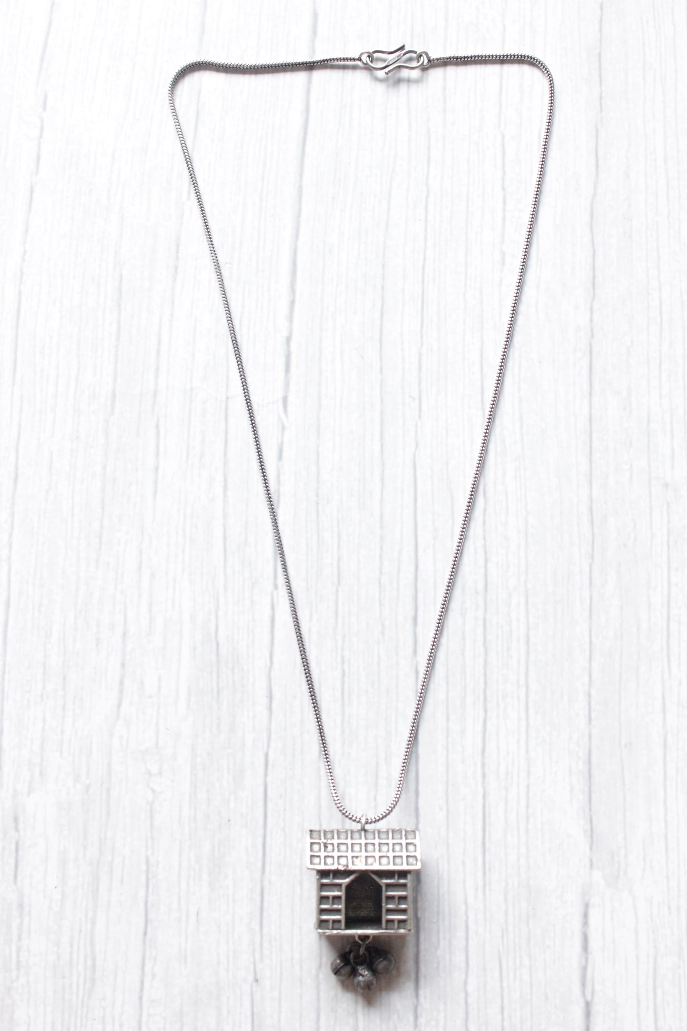 Oxidised Silver House Motif Pendant Long Silver Chain Necklace