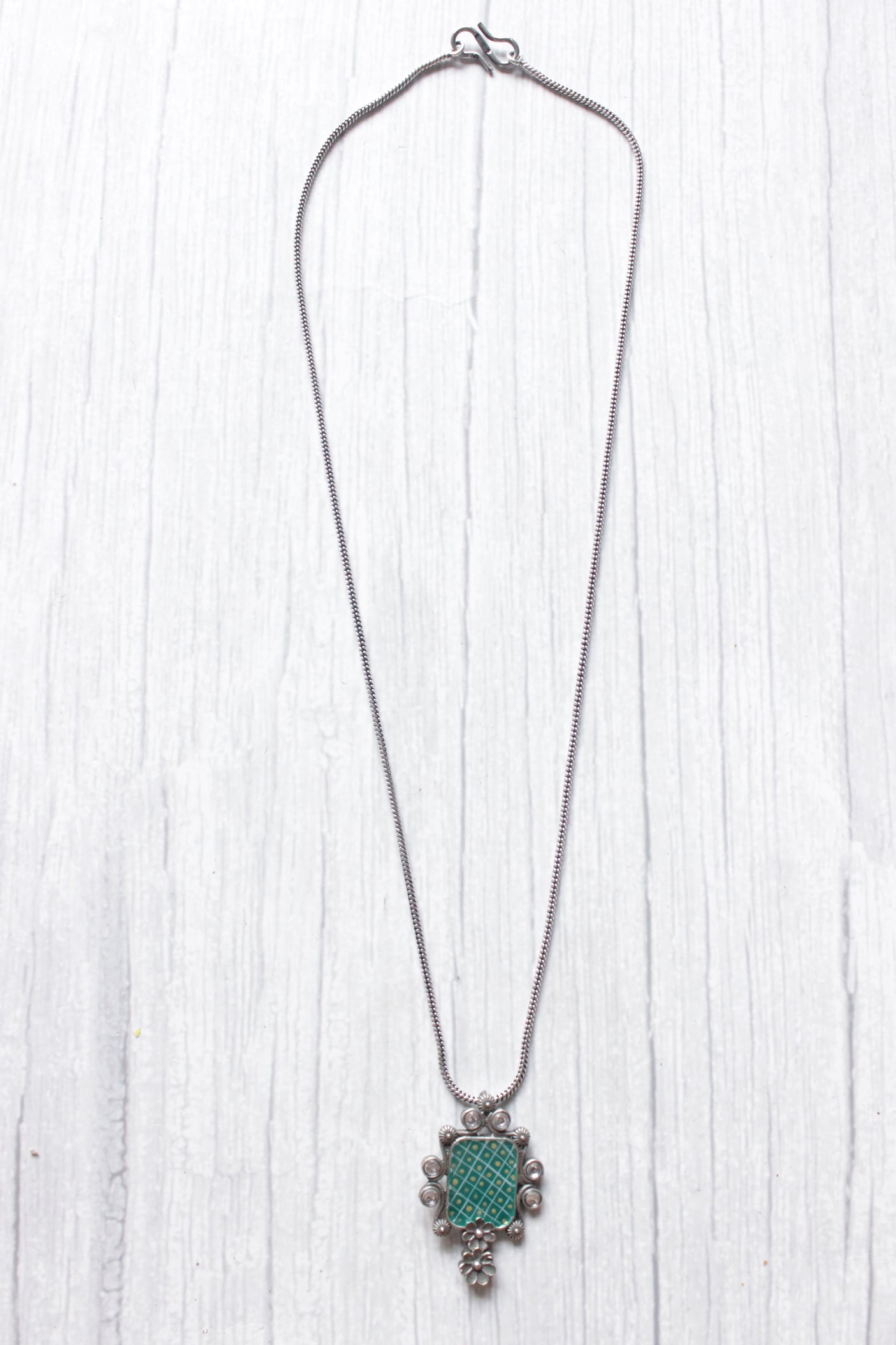 Hand Painted Turquoise Metal Pendant Oxidised Finish Long Silver Chain Necklace