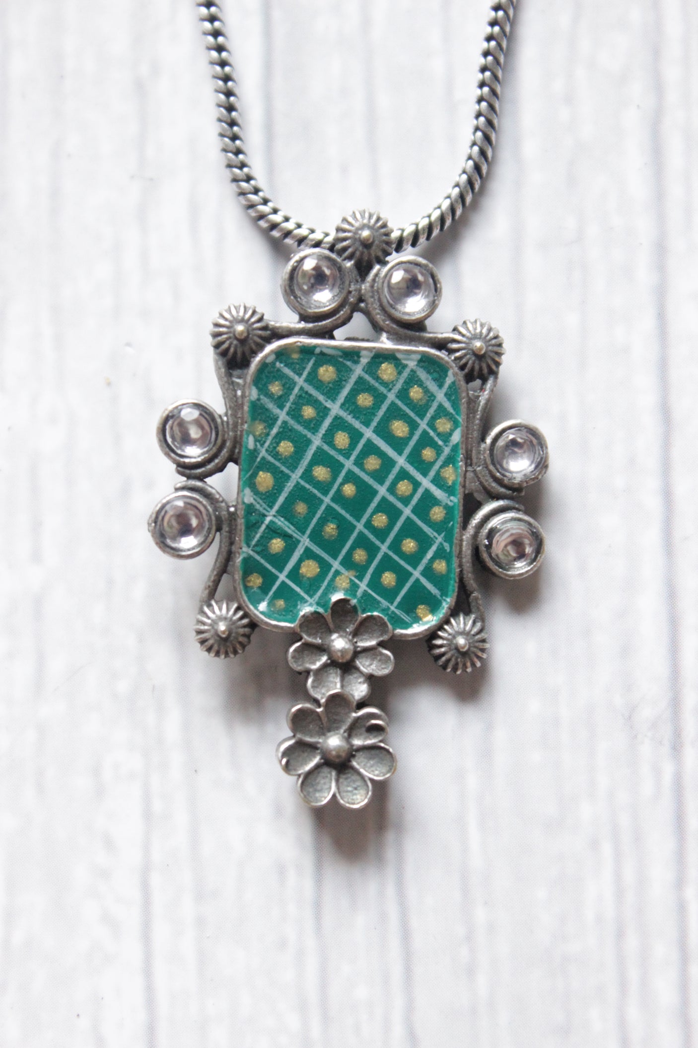 Hand Painted Turquoise Metal Pendant Oxidised Finish Long Silver Chain Necklace