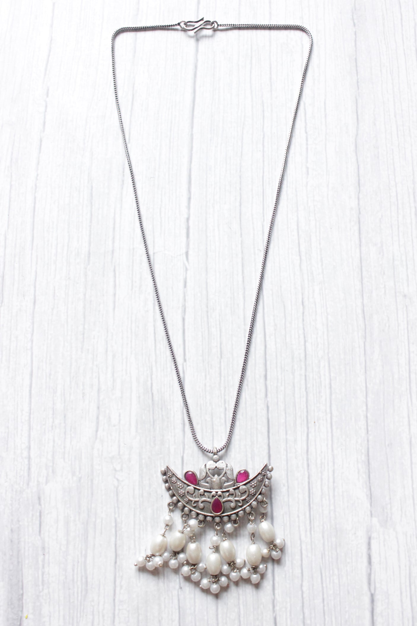 Crescent Moon Shaped Pendant Long Silver Chain Necklace