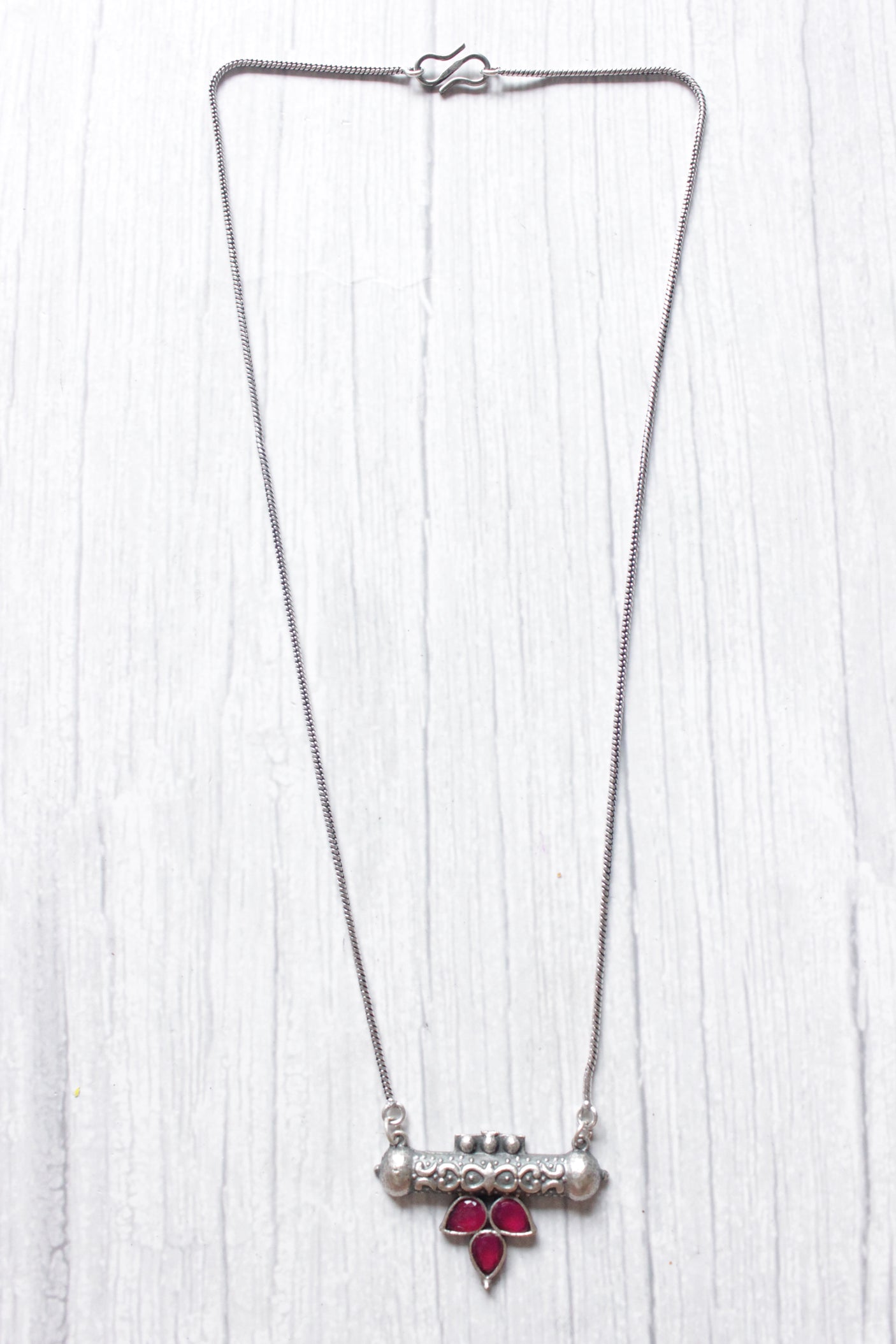 Tear Drop Shaped Stones Embellished Oxidised Finish Petite Pendant Long Chain Necklace