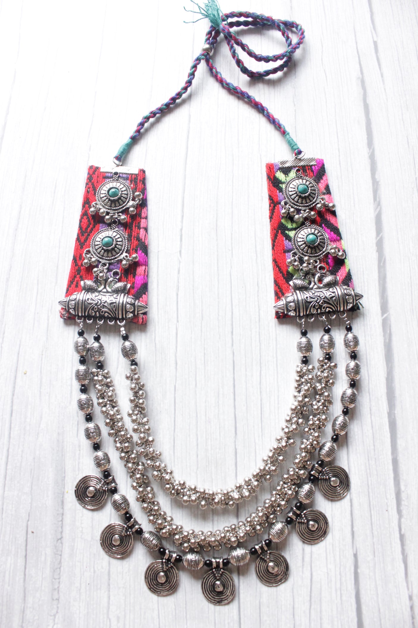 Oxidised Silver Finish Metal and Fabric 3 Layer Necklace with Adjustable Thread Closure