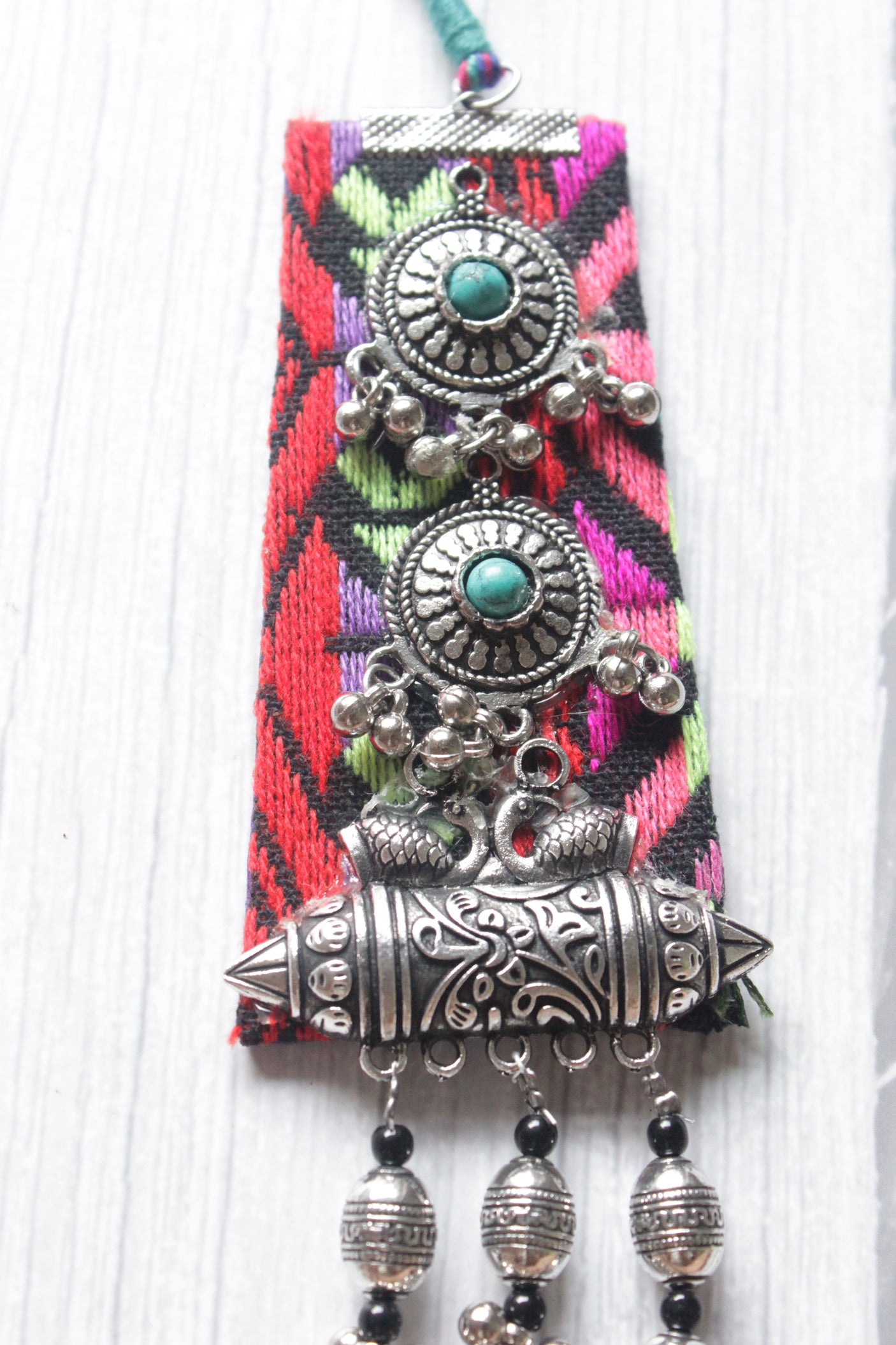 Oxidised Silver Finish Metal and Fabric 3 Layer Necklace with Adjustable Thread Closure